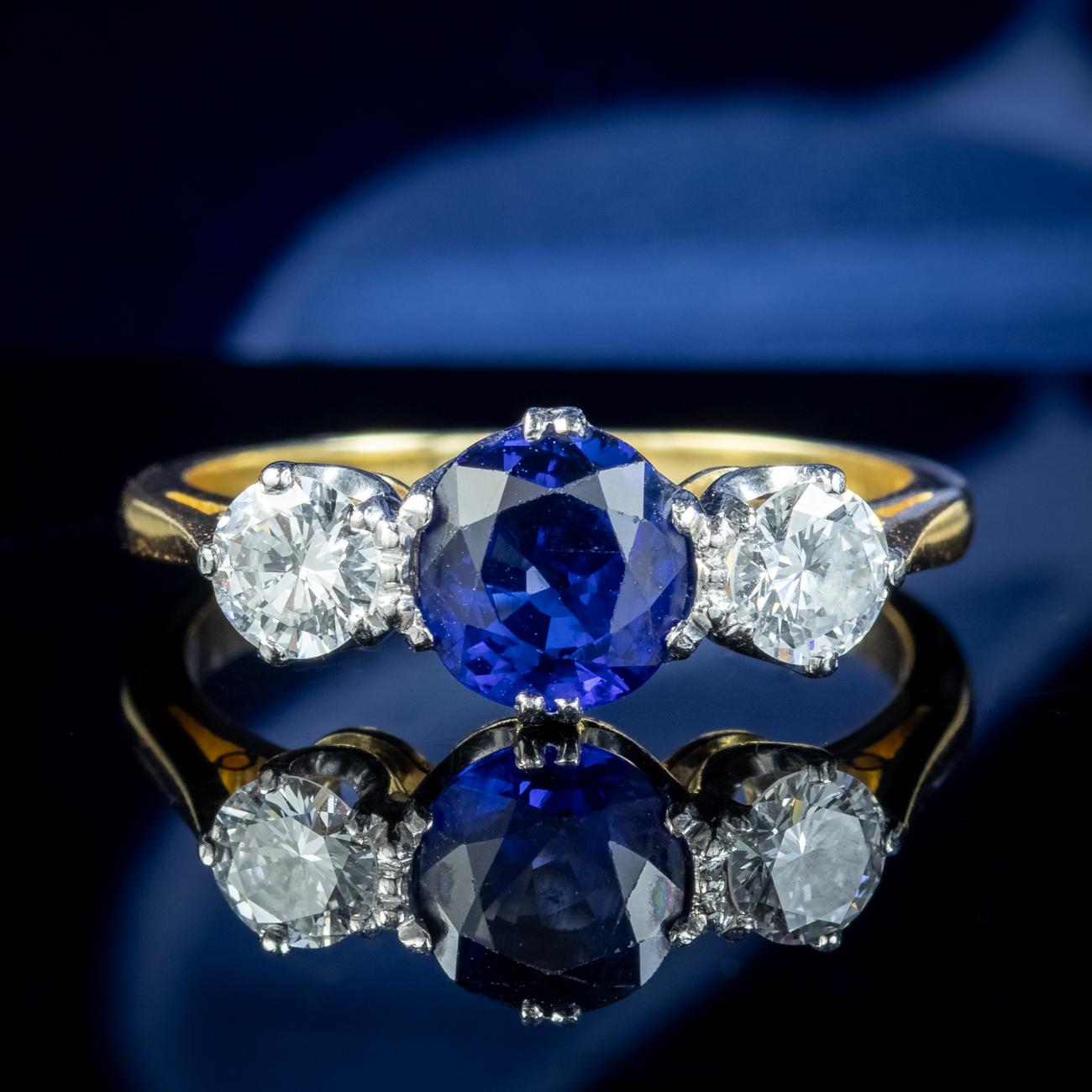 Antique Edwardian Ceylon Sapphire Diamond Trilogy Ring 1.51ct Sapphire With Cert For Sale 4