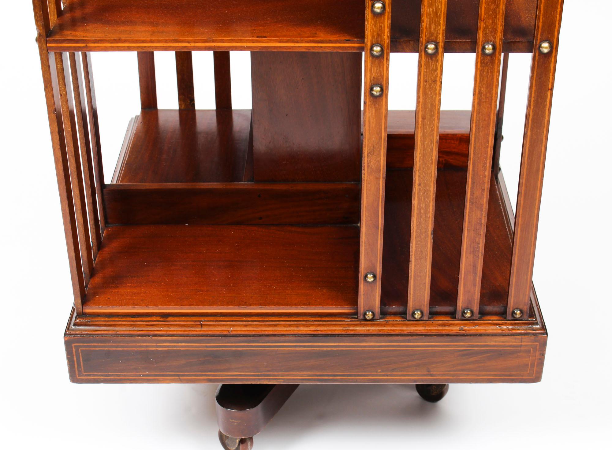 Mahogany Antique Edwardian Chequer Inlaid Revolving Bookcase 19th Century