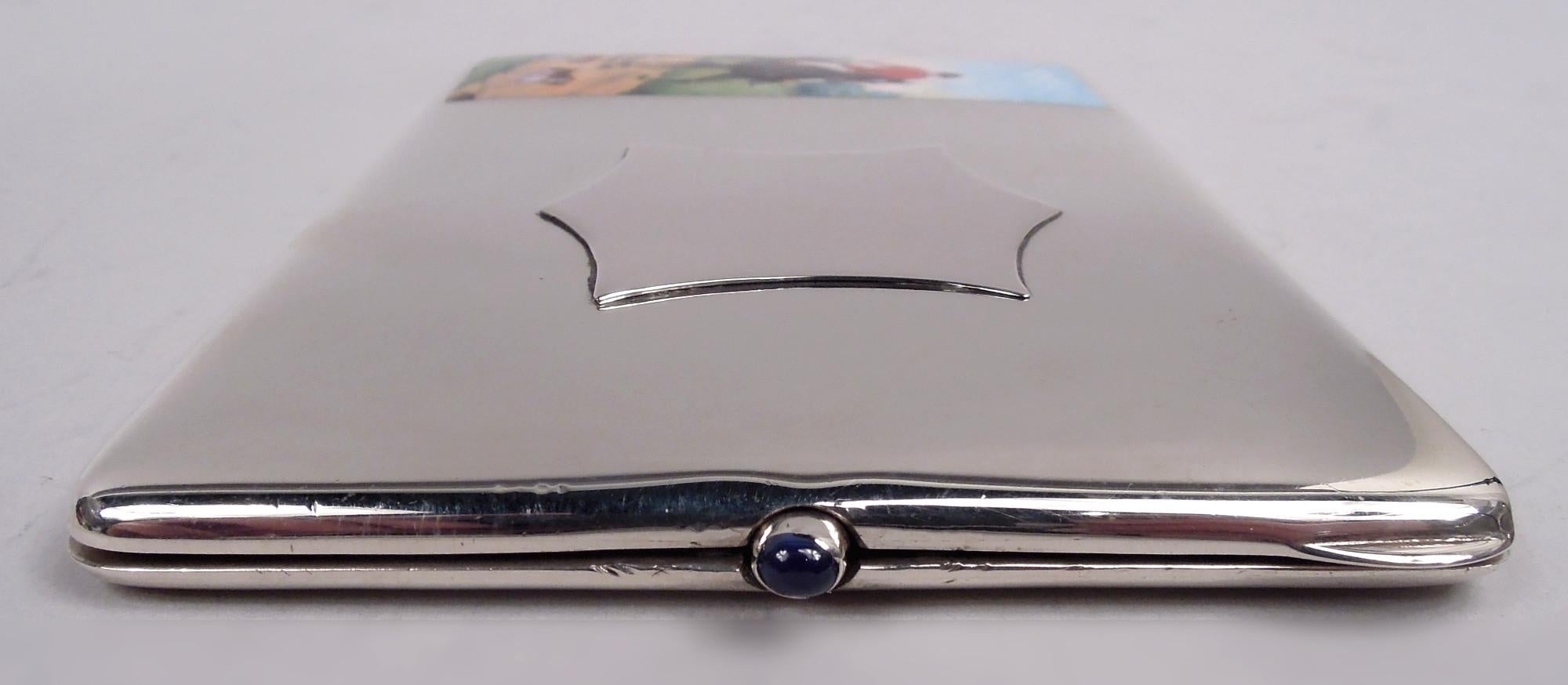 Sterling Silver Antique Edwardian Cigarette Case with Enamel Fox Hunt For Sale