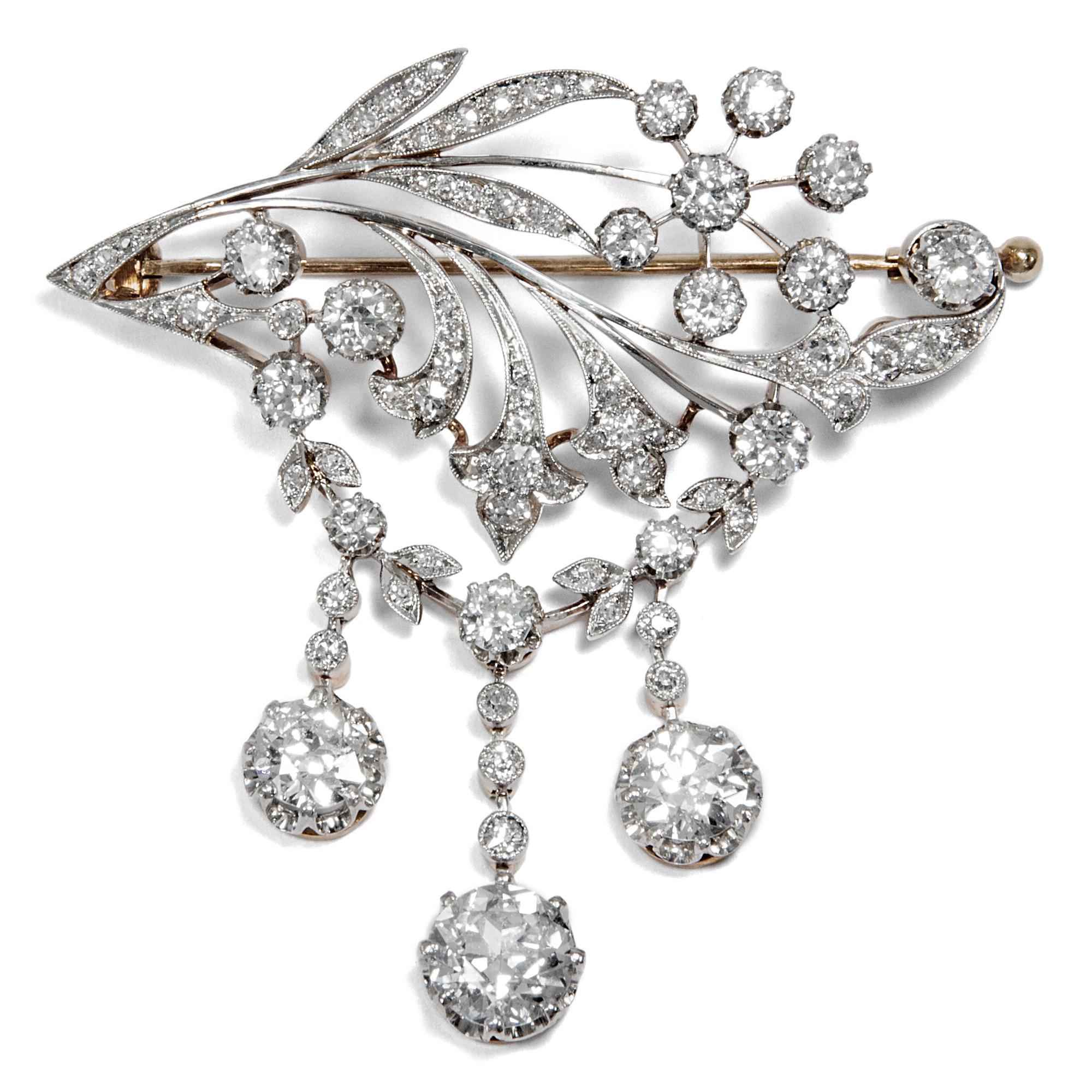 A new fashion swept across Europe from the late 19th century onwards. Jewels exclusively set with diamonds in silver or platinum on gold gleamed brightly in the new electric light, superseding older, more colourful designs.

The brooch at hand is a