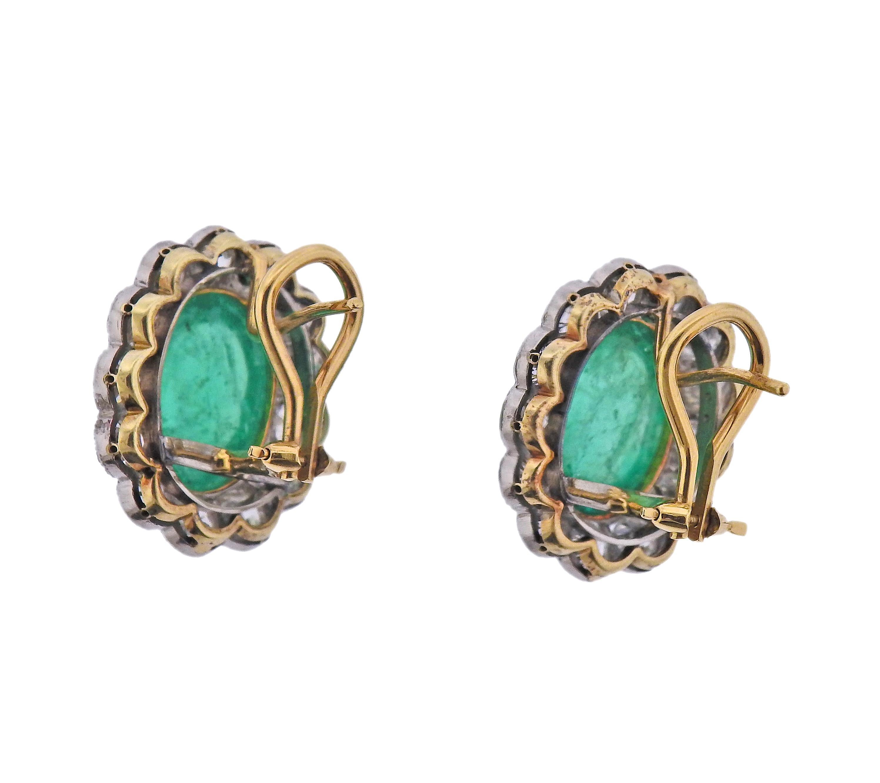 Pair of Antique Edwardian era, circa 1910 18k gold earrings, with center oval emerald cabochons - total approx. 12cts for both stones, Each stone measures approx. 12.5 x 9.8 x  6.2mm. Diamonds approx. 5.20ctw in old mine cut diamonds. Brooch is 21mm