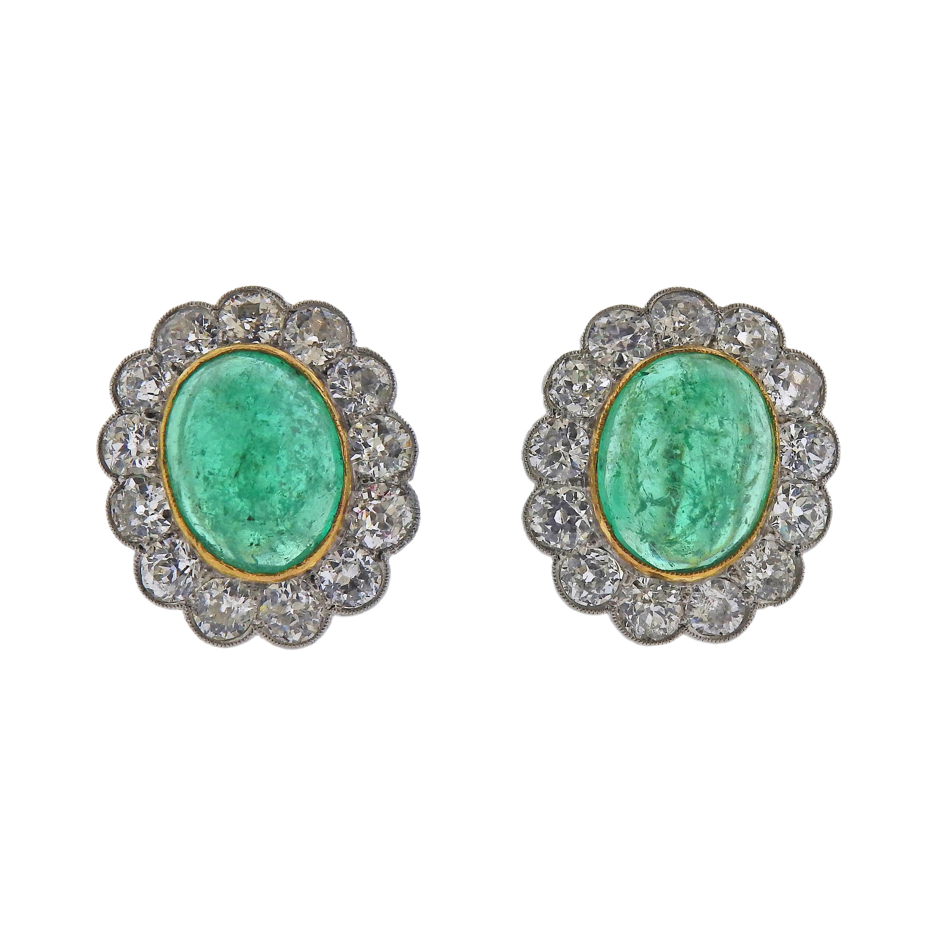 Antique Edwardian Circa 1910 12 Carat Emerald Cabochon Diamond Gold Earrings
