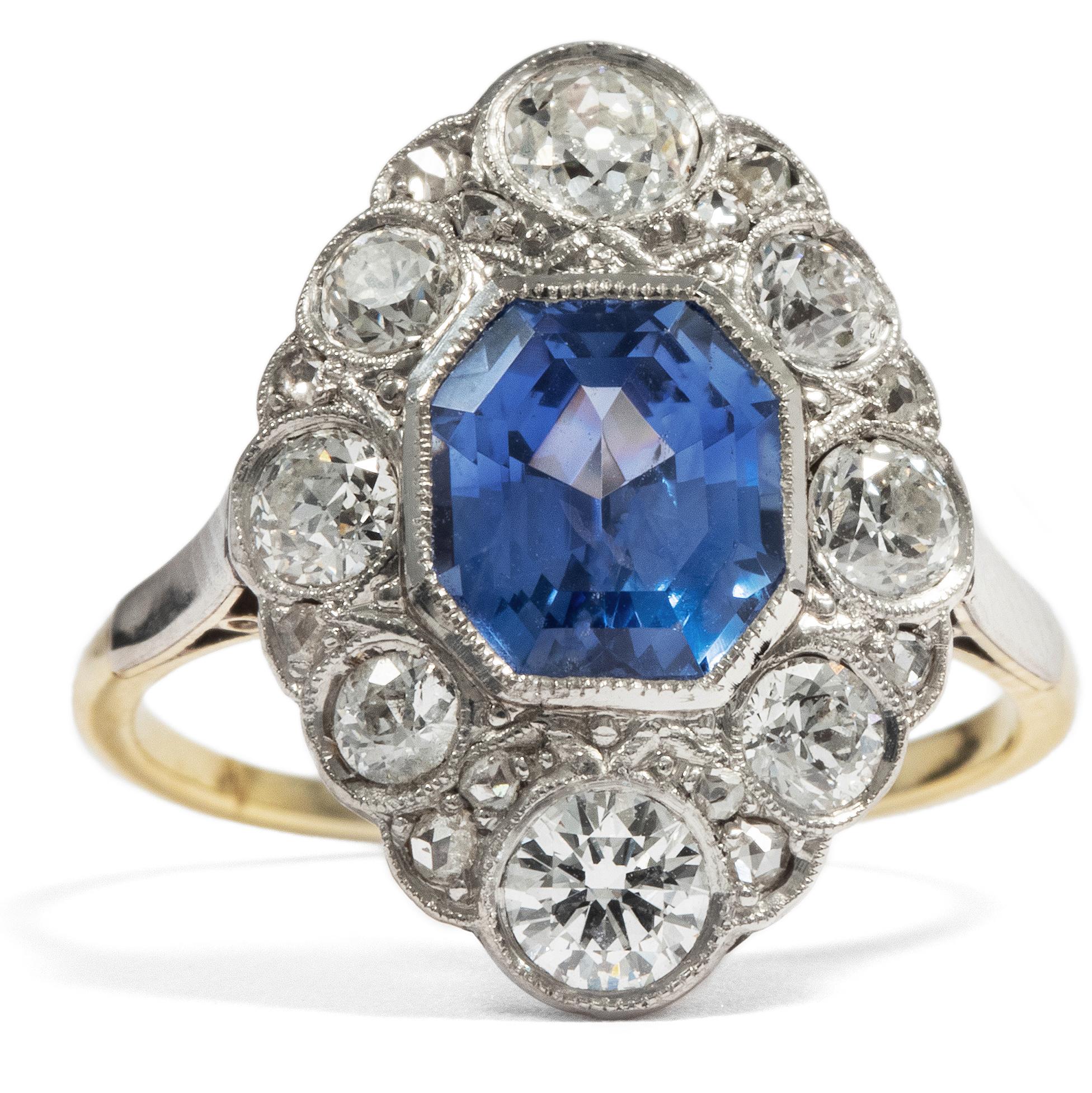 The combination of sapphire and diamond has long been one to hold romantic connotations: especially in 19th century gemlore, the sapphire has represented fidelity, whilst the diamond, due to its great hardness, has been associated with eternity.