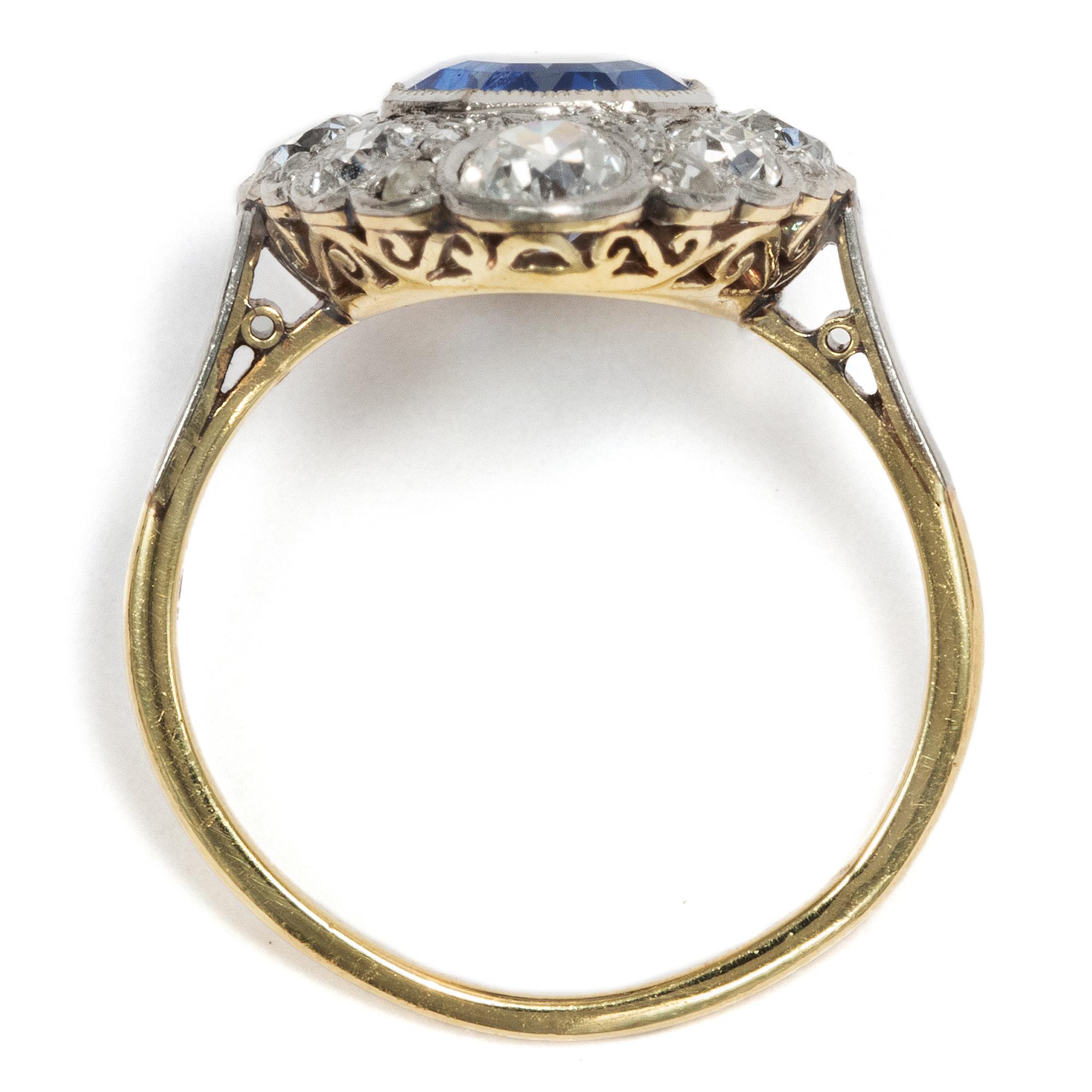 Old European Cut Antique Edwardian circa 1910, Certified 2.05 Carat No Heat Sapphire Diamond Ring