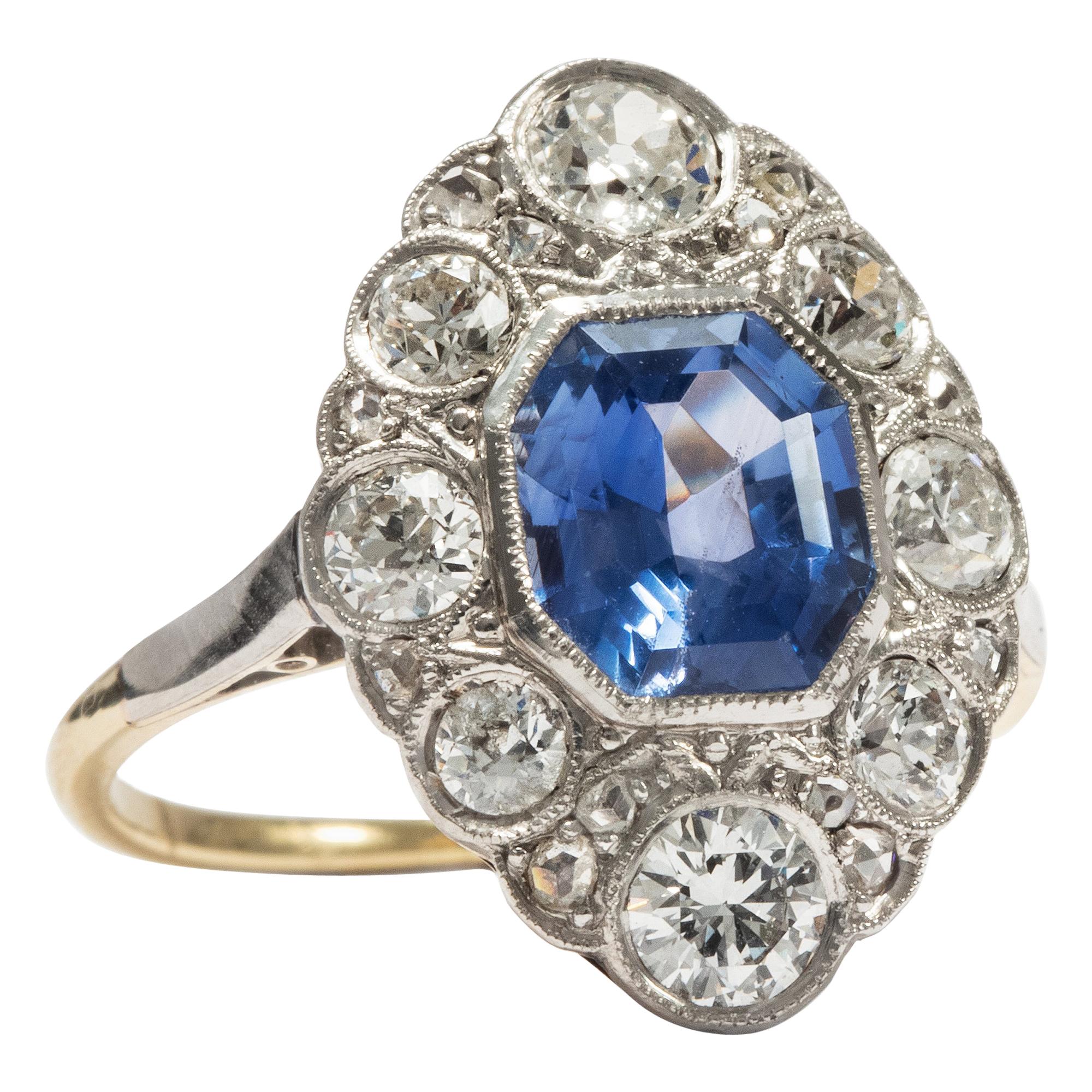 Antique Edwardian circa 1910, Certified 2.05 Carat No Heat Sapphire Diamond Ring