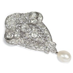 Antique Edwardian circa 1910 Certified 3.55 Carat Diamond Natural Pearl Brooch
