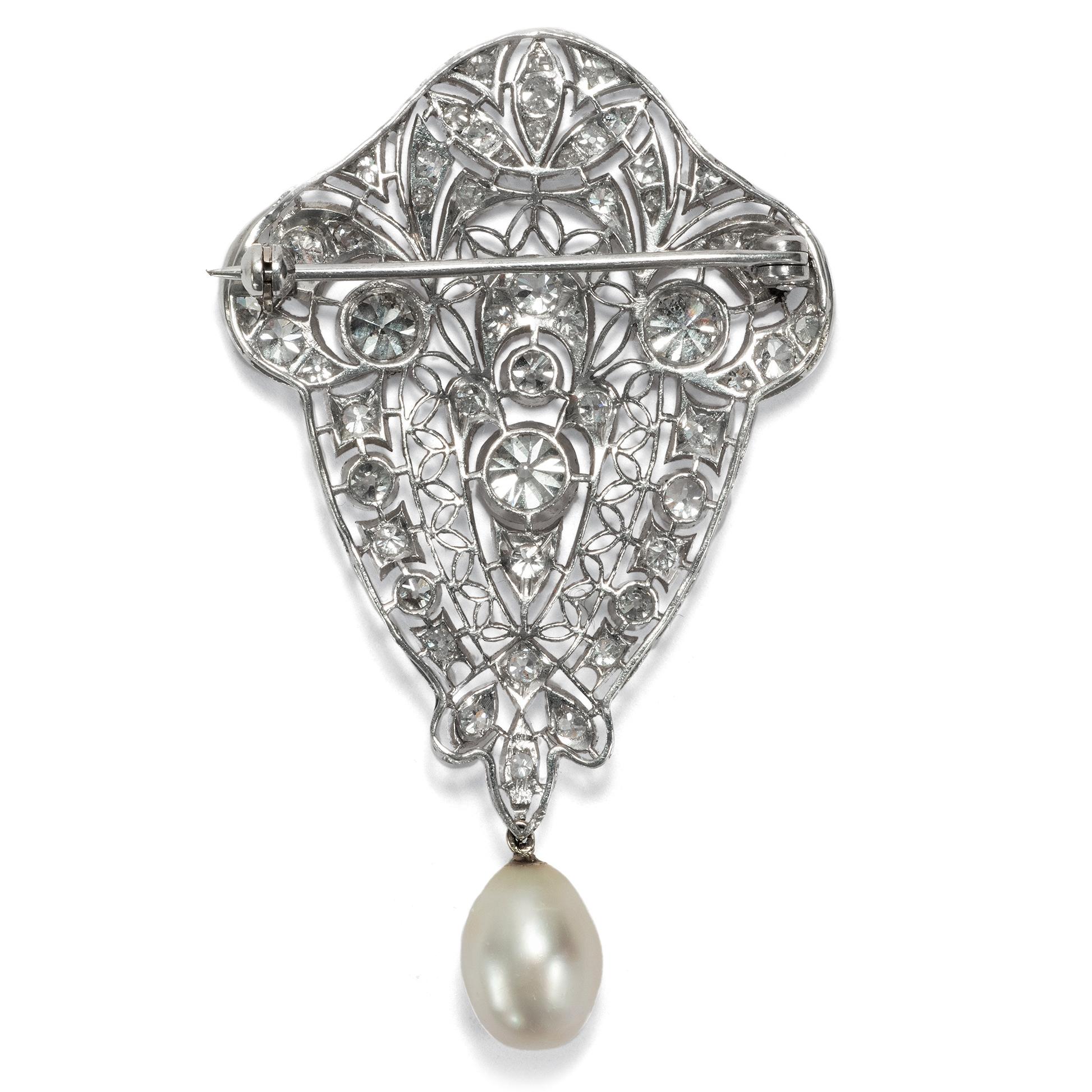 Old European Cut Antique Edwardian circa 1910 Certified 3.55 Carat Diamond Natural Pearl Brooch For Sale