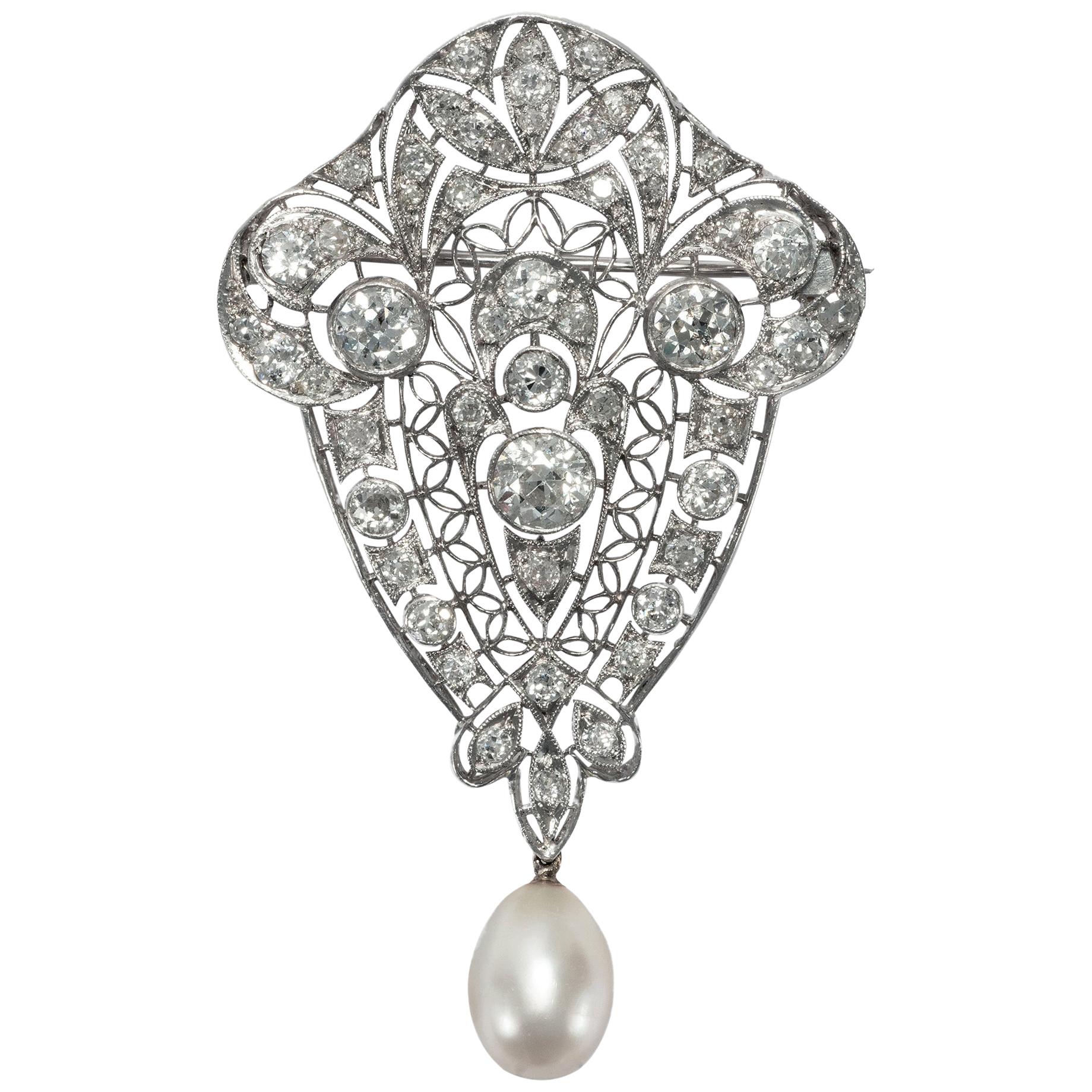 Antique Edwardian circa 1910 Certified 3.55 Carat Diamond Natural Pearl Brooch For Sale
