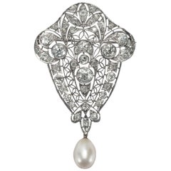 Antique Edwardian circa 1910 Certified 3.55 Carat Diamond Natural Pearl Brooch