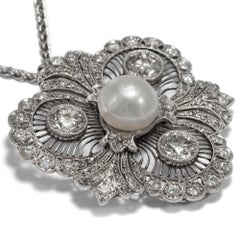 Antique Edwardian circa 1910, Certified 3.60 Carat Diamond Natural Pearl Pendant