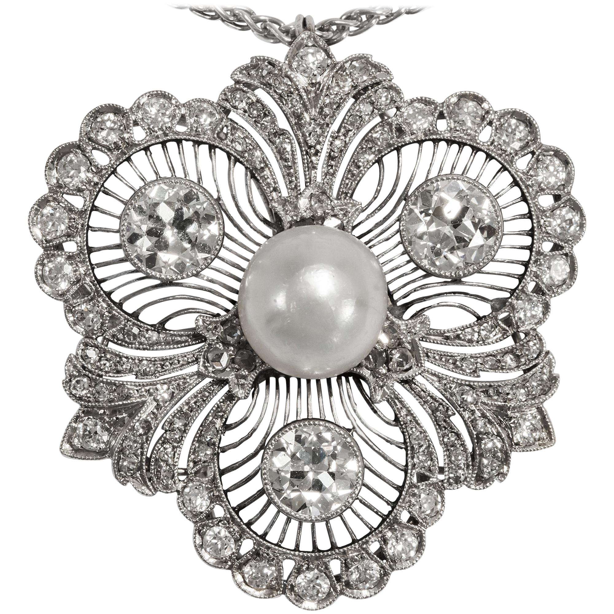 Antique Edwardian circa 1910, Certified 3.60 Carat Diamond Natural Pearl Pendant For Sale