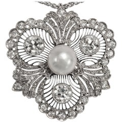 Antique Edwardian circa 1910, Certified 3.60 Carat Diamond Natural Pearl Pendant
