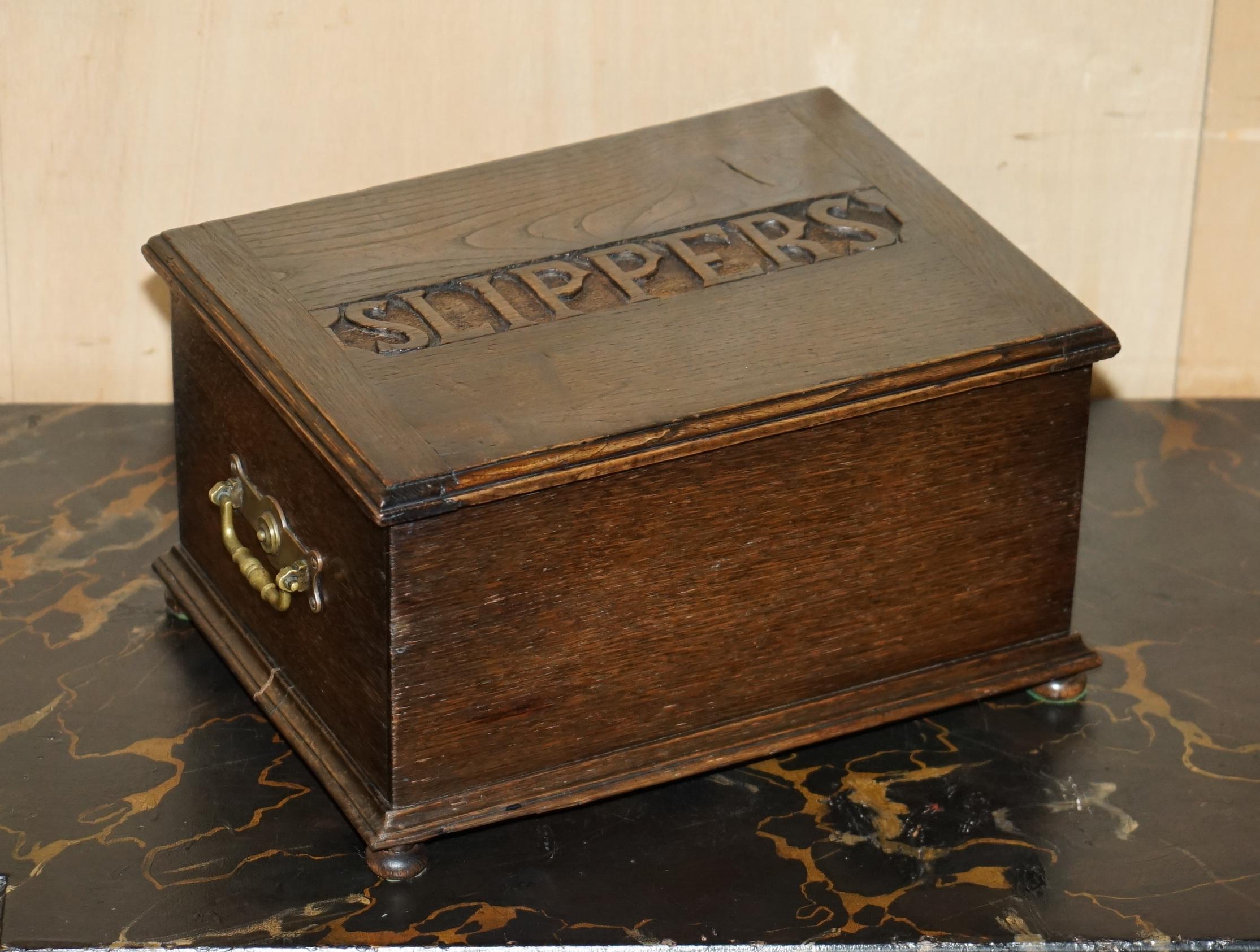 Royal House Antiques

Royal House Antiques is delighted to offer for sale this lovely antique Edwardian Circa 1910 English Oak Slippers storage chest with Bronze handles 

Please note the delivery fee listed is just a guide, it covers within the M25
