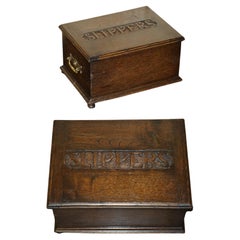ANTIQUE EDWARDiAN CIRCA 1910 ENGLISH OAK SLIPPERS STORAGE BOX ORNATE HANDLES