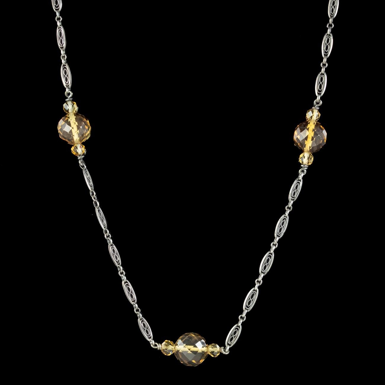 Briolette Cut Antique Edwardian Citrine Bead Necklace Silver Chain For Sale