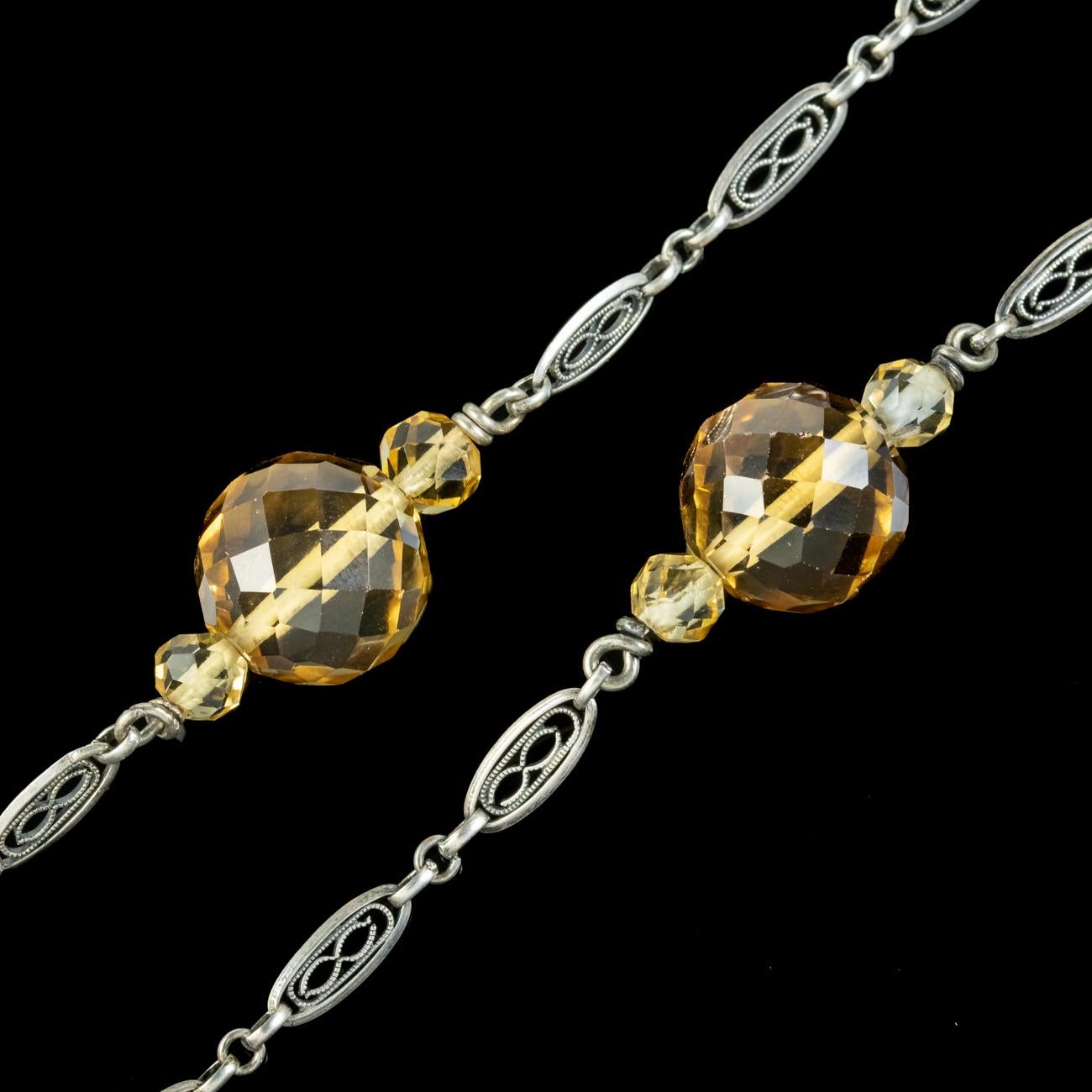 Antique Edwardian Citrine Bead Necklace Silver Chain In Good Condition For Sale In Kendal, GB