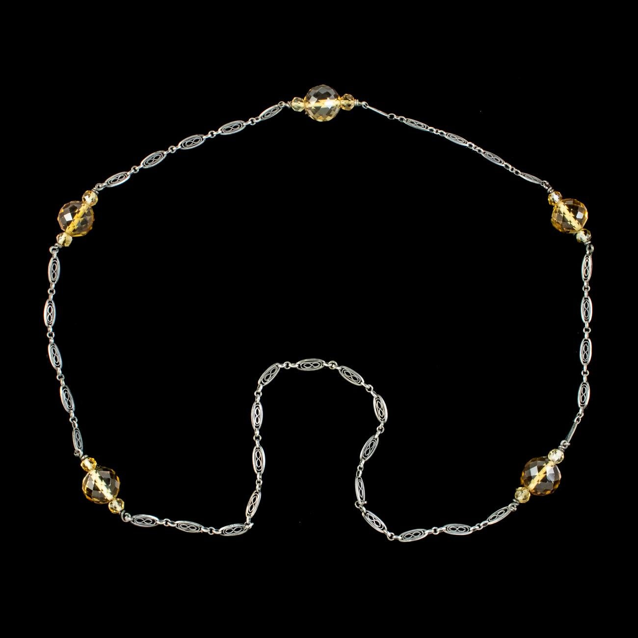 Women's Antique Edwardian Citrine Bead Necklace Silver Chain For Sale