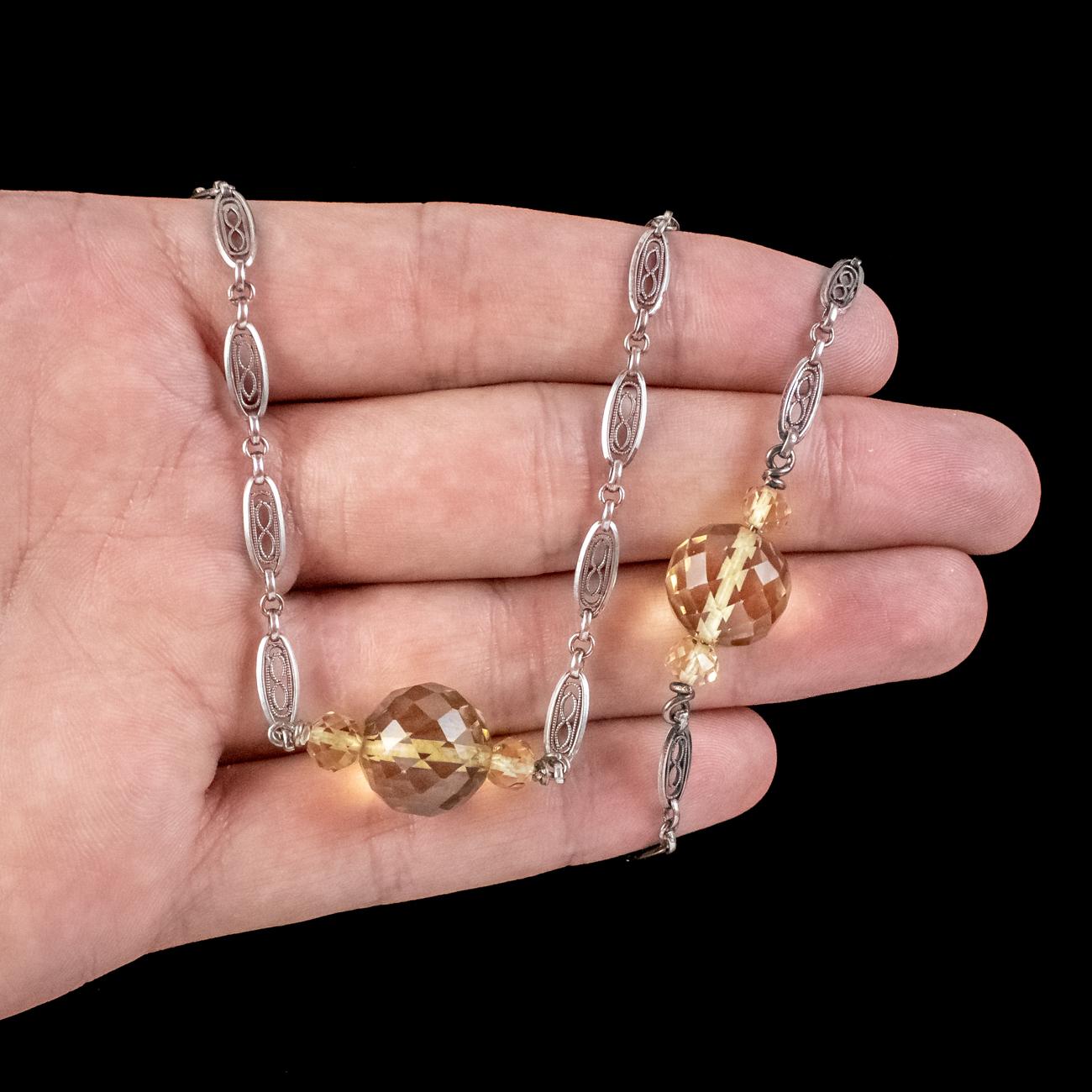 Antike edwardianische Citrin-Perlenkette Silberkette Damen im Angebot