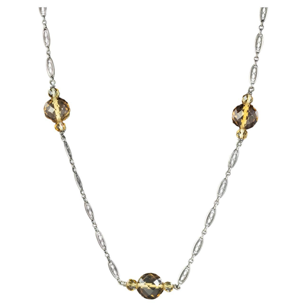 Antique Edwardian Citrine Bead Necklace Silver Chain For Sale