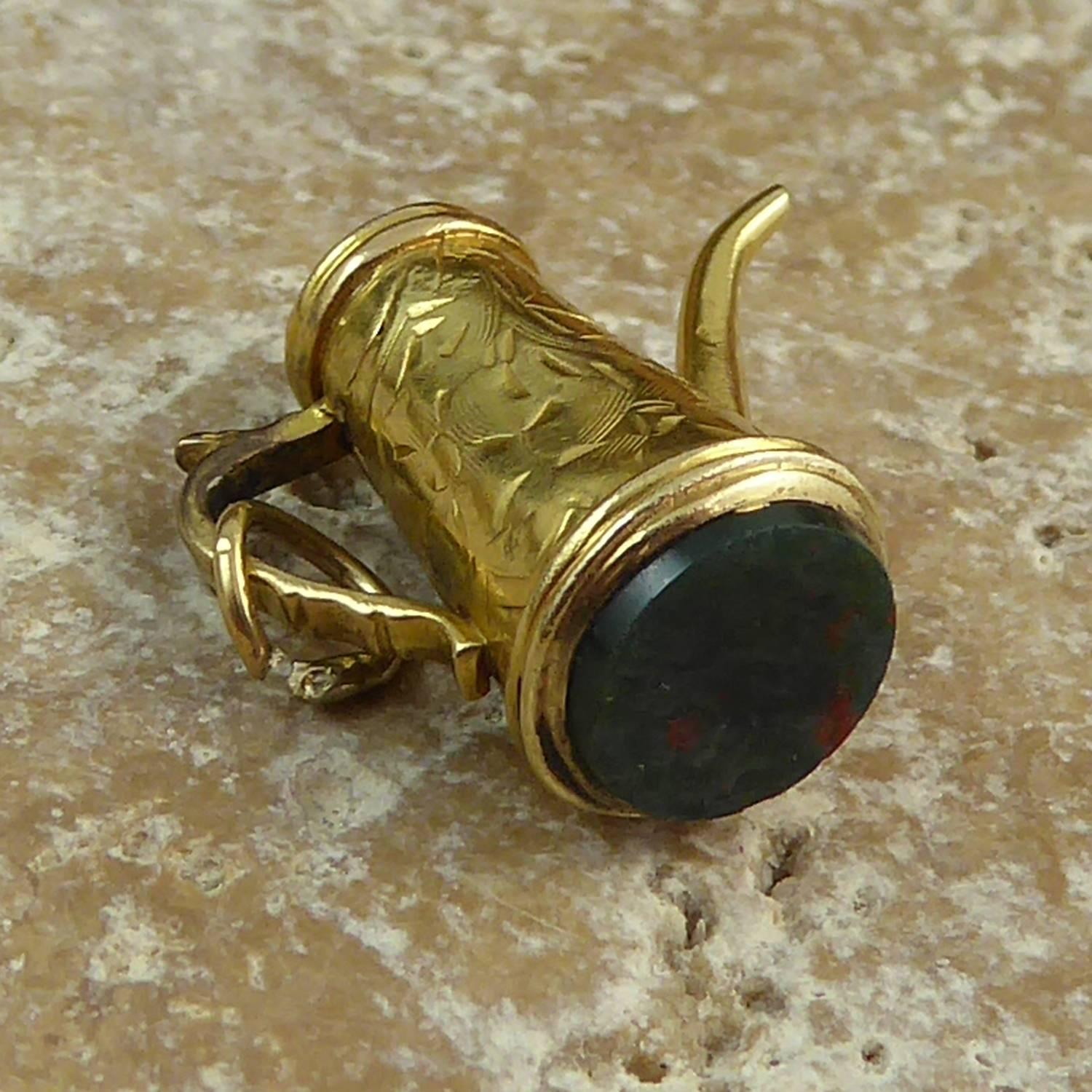 Women's Antique Edwardian Coffee Pot Seal, Bloodstone, Yellow Gold, Hand Engraved