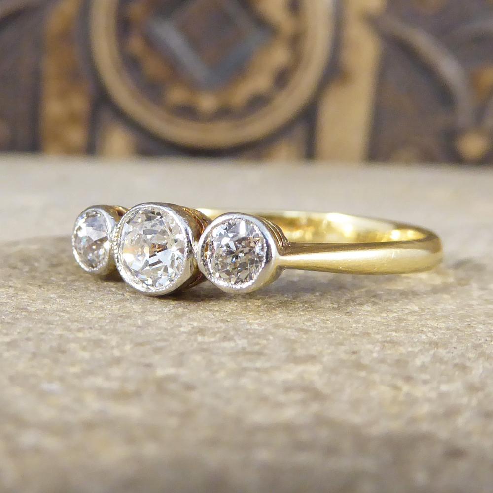 Old European Cut Antique Edwardian Collar Set Three Stone Diamond Ring in 18ct Gold and Platinum