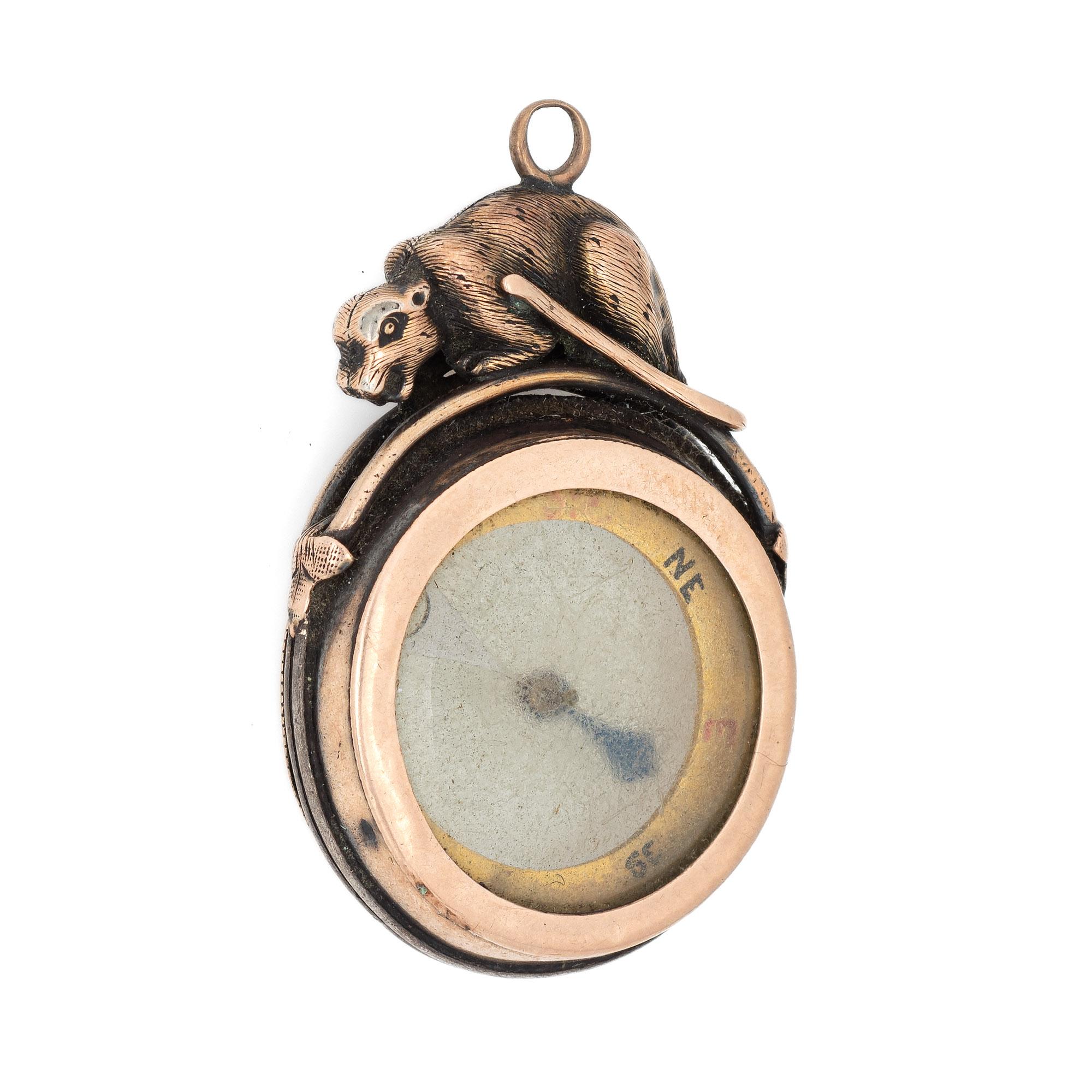 Antique Edwardian Compass Fob 9k Rose Gold Pendant Animal Motif Vintage Jewelry In Good Condition For Sale In Torrance, CA