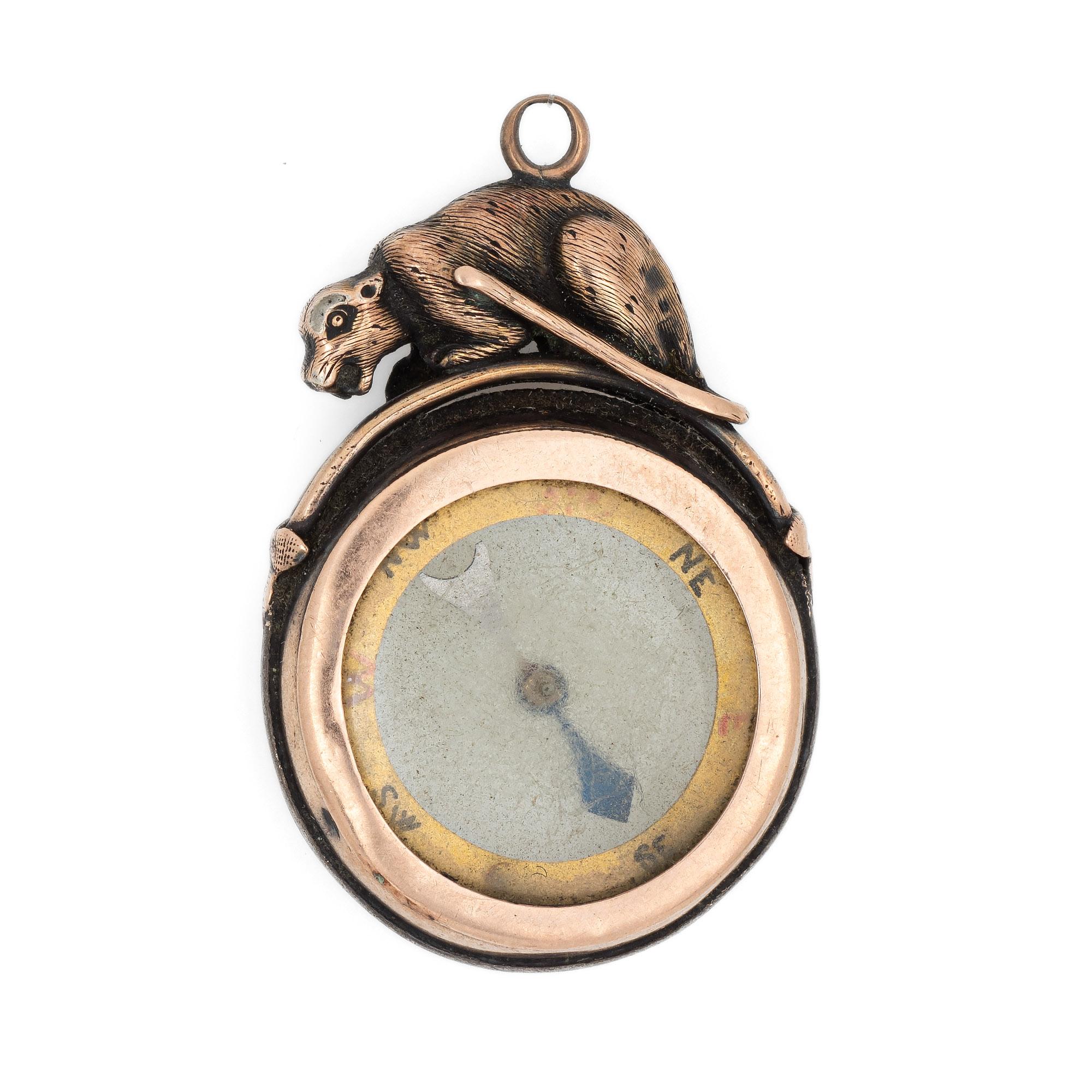 Women's or Men's Antique Edwardian Compass Fob 9k Rose Gold Pendant Animal Motif Vintage Jewelry For Sale