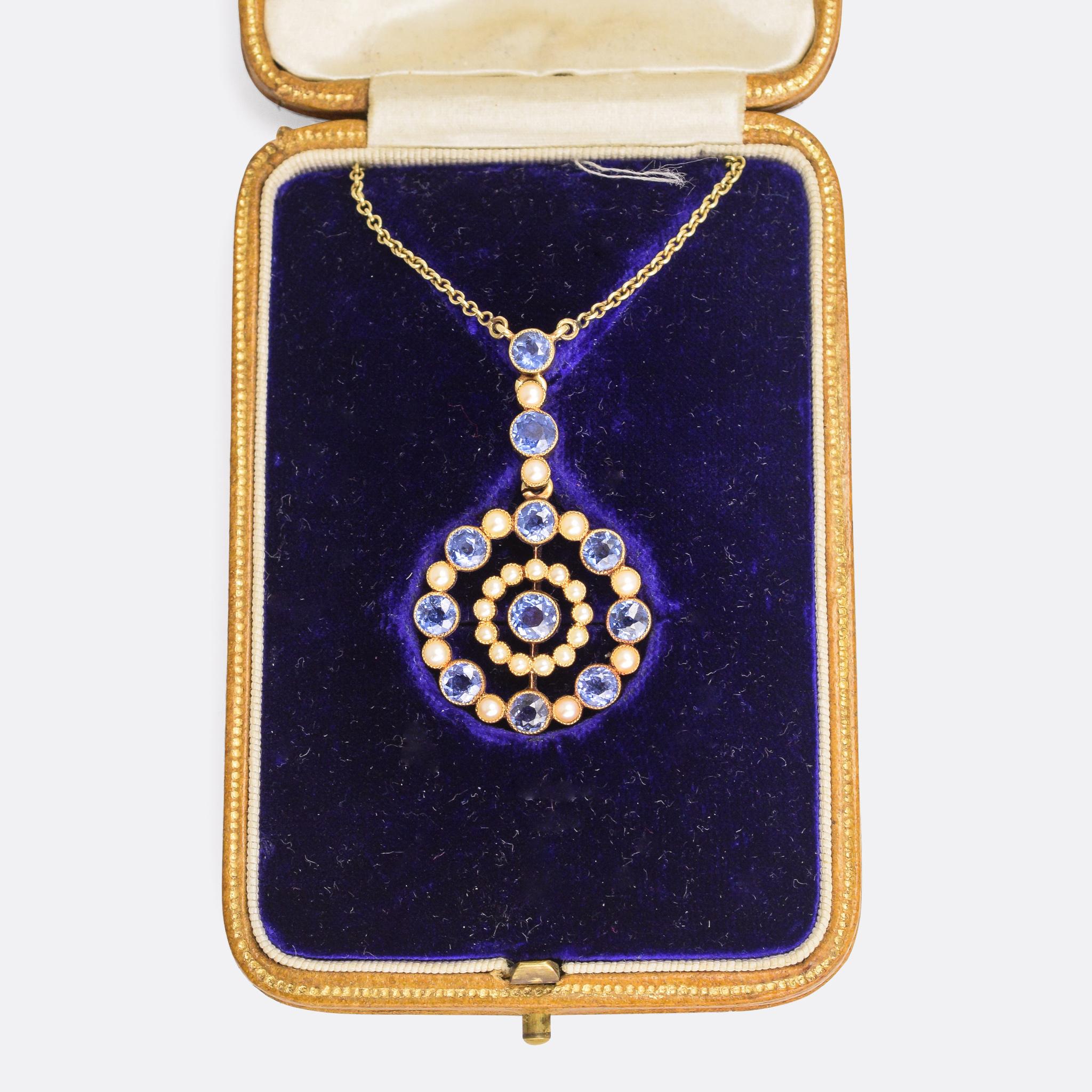 Women's Antique Edwardian Cornflower Sapphire Pearl Halo Necklace