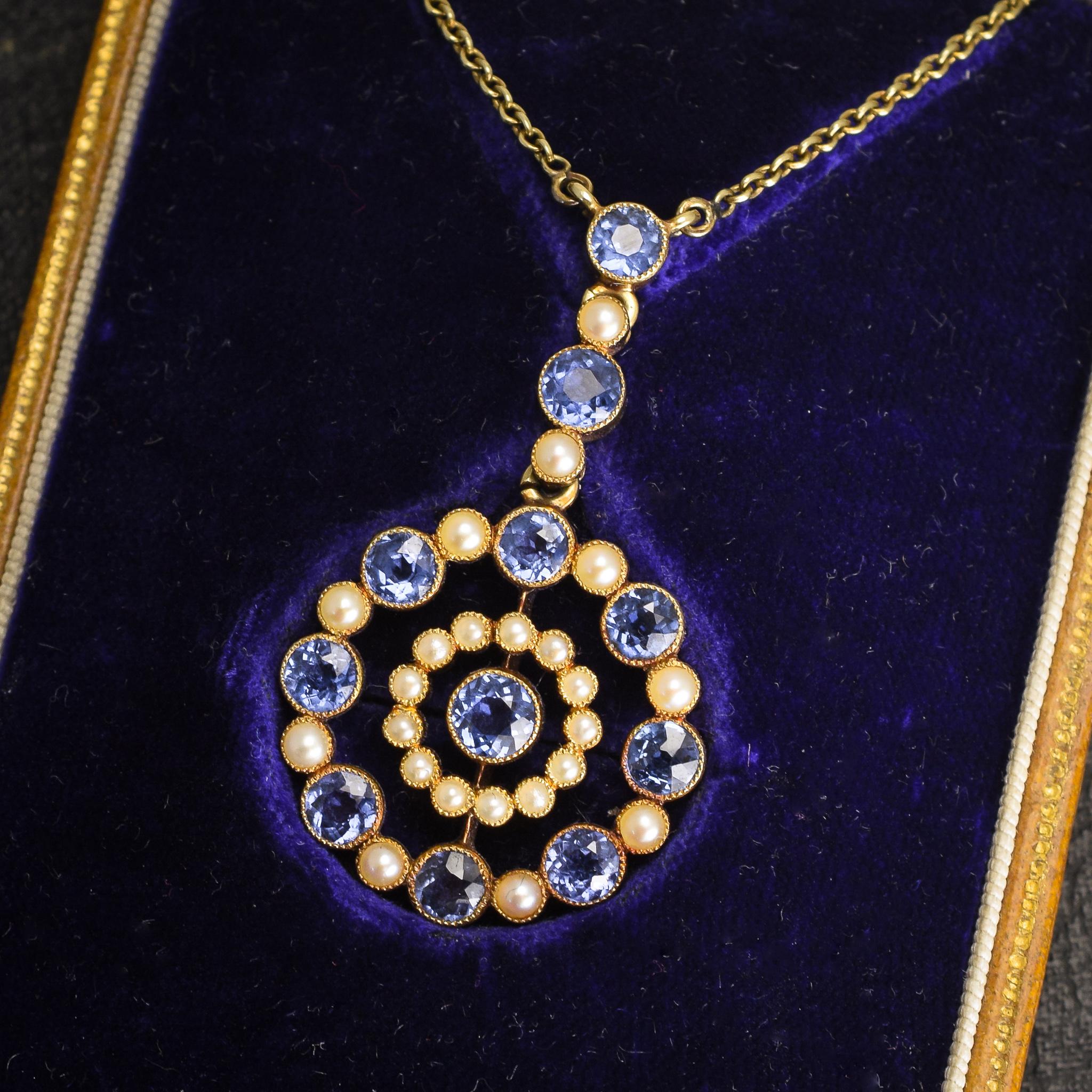 Antique Edwardian Cornflower Sapphire Pearl Halo Necklace 2