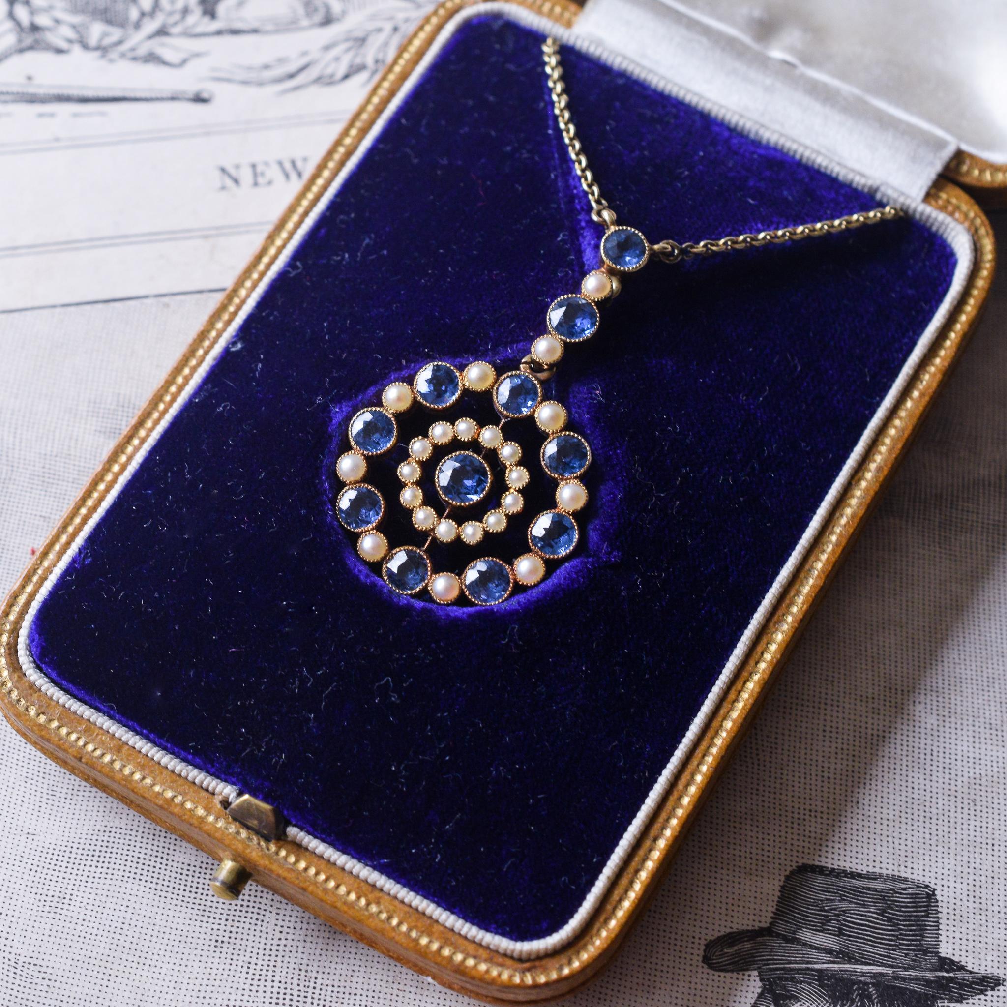 Antique Edwardian Cornflower Sapphire Pearl Halo Necklace 3