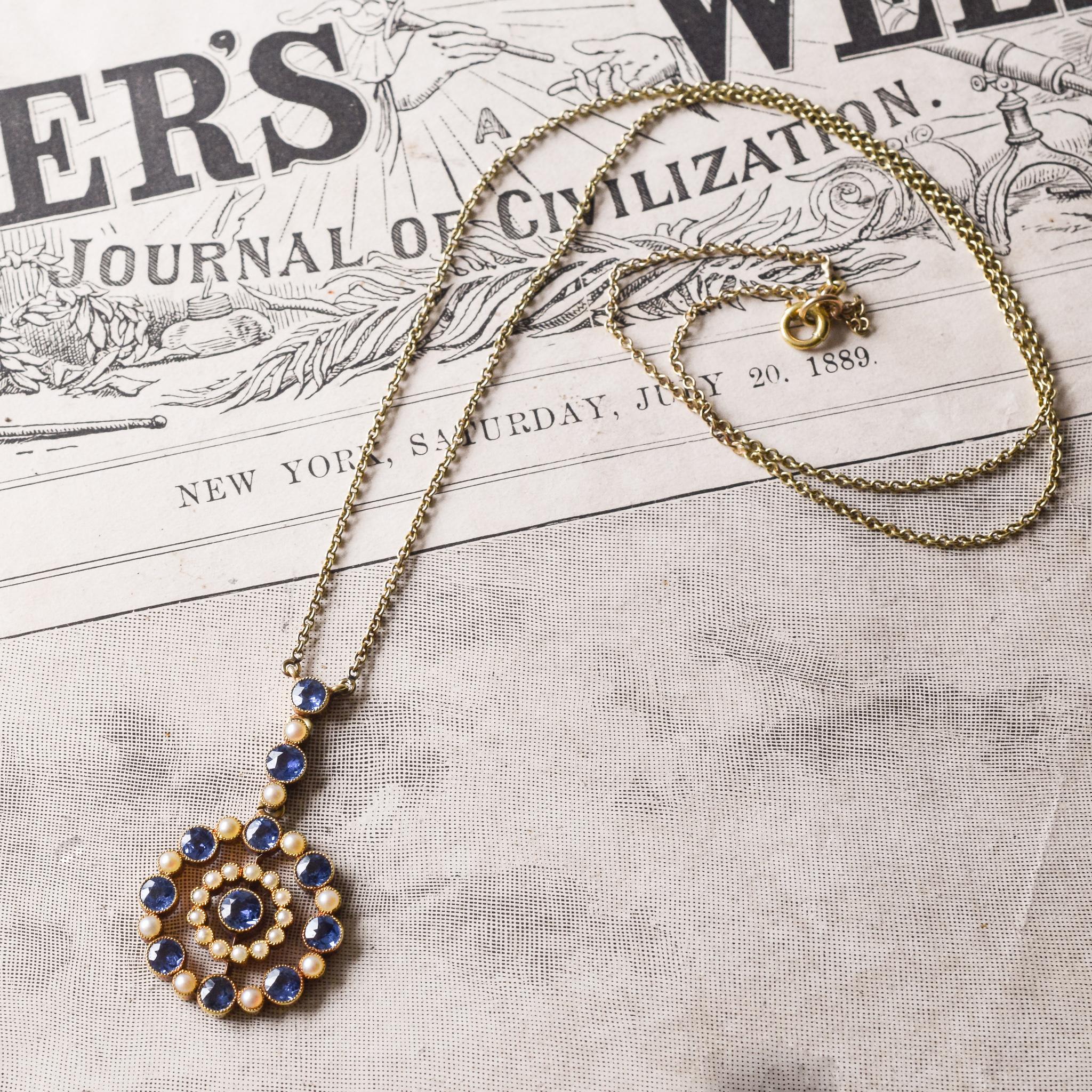 Antique Edwardian Cornflower Sapphire Pearl Halo Necklace 4