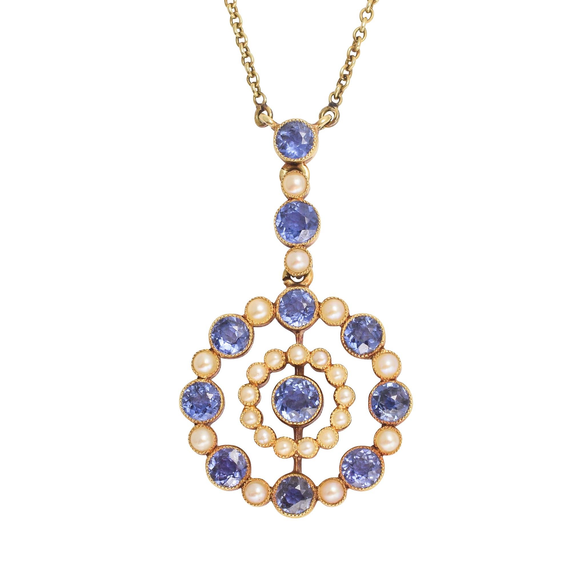 Antique Edwardian Cornflower Sapphire Pearl Halo Necklace