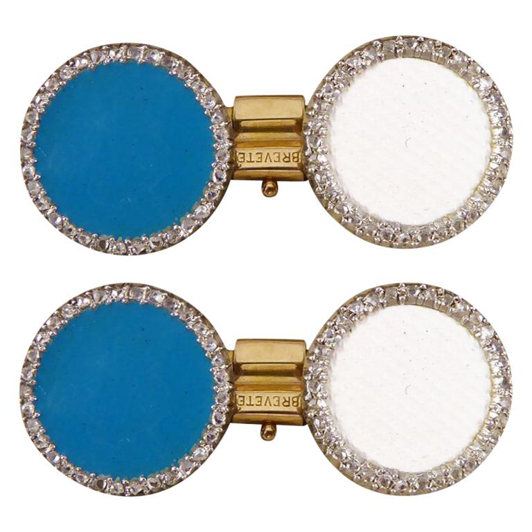 Antique Edwardian Cufflinks in Blue Enamel and Diamond Halo in 18 Carat Gold For Sale