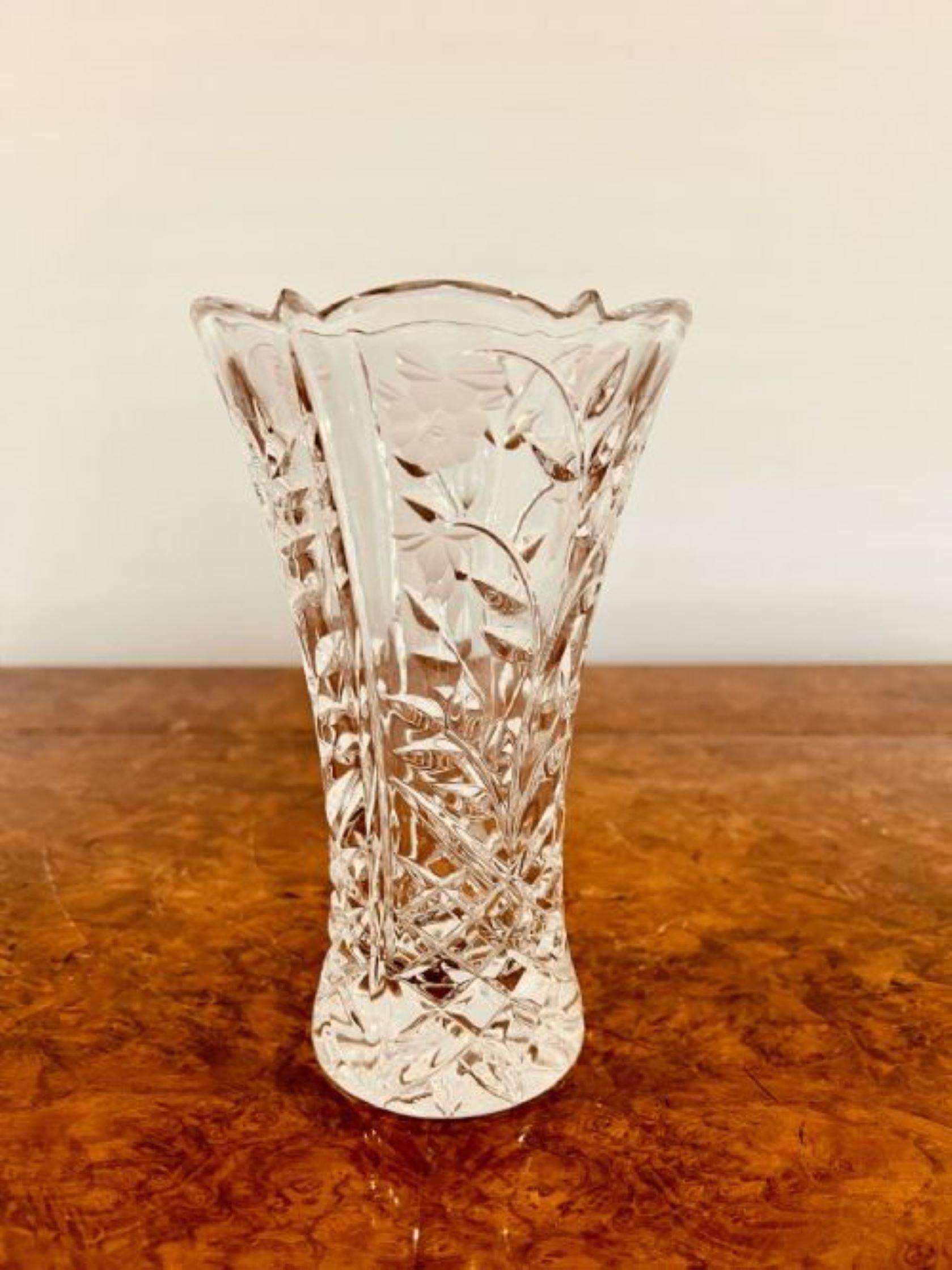 Antique Edwardian cut glass vase having a shaped top to this quality cut glass antique vase