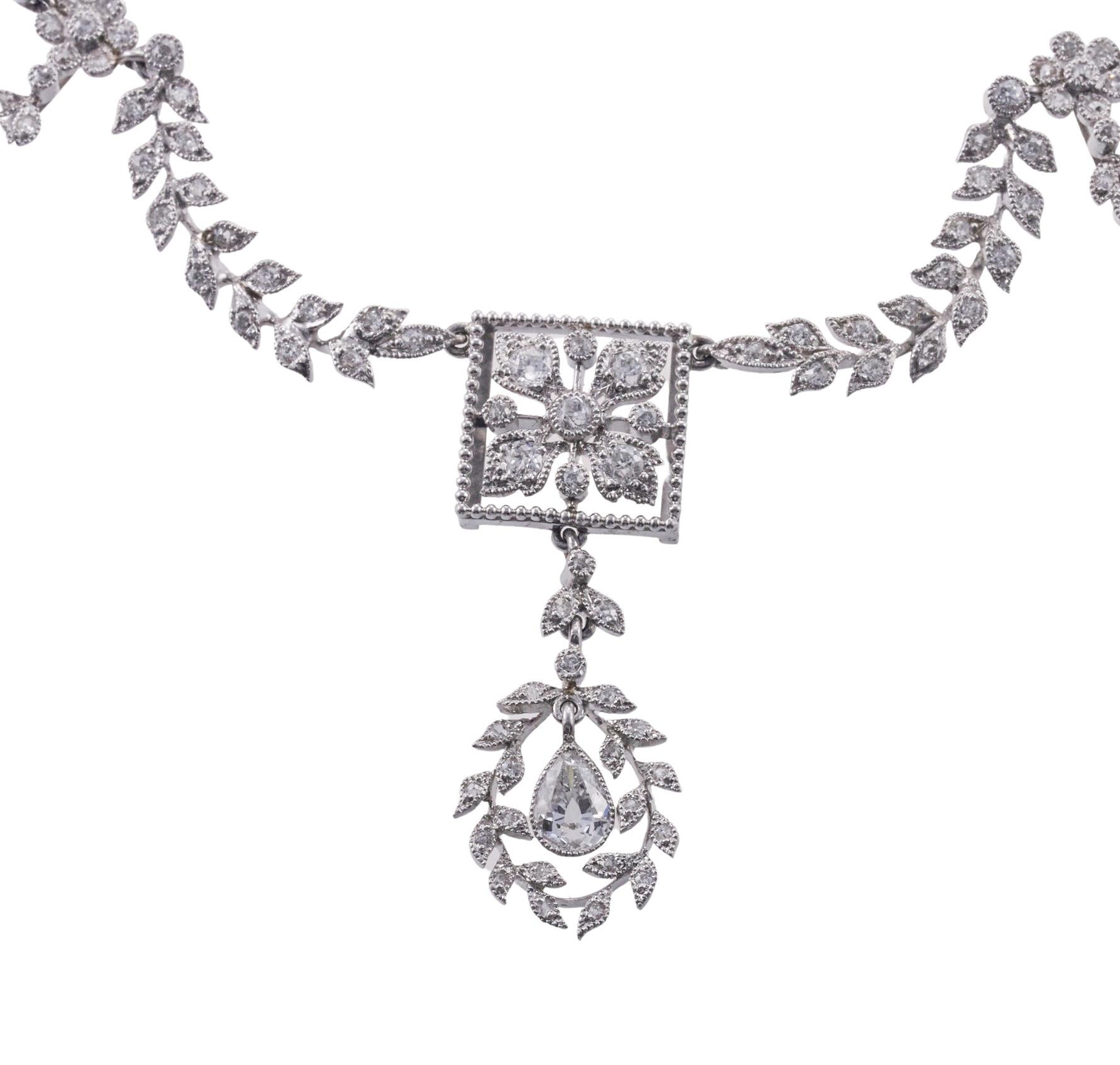 Pear Cut Antique Edwardian Delicate Diamond Platinum Gold Necklace For Sale