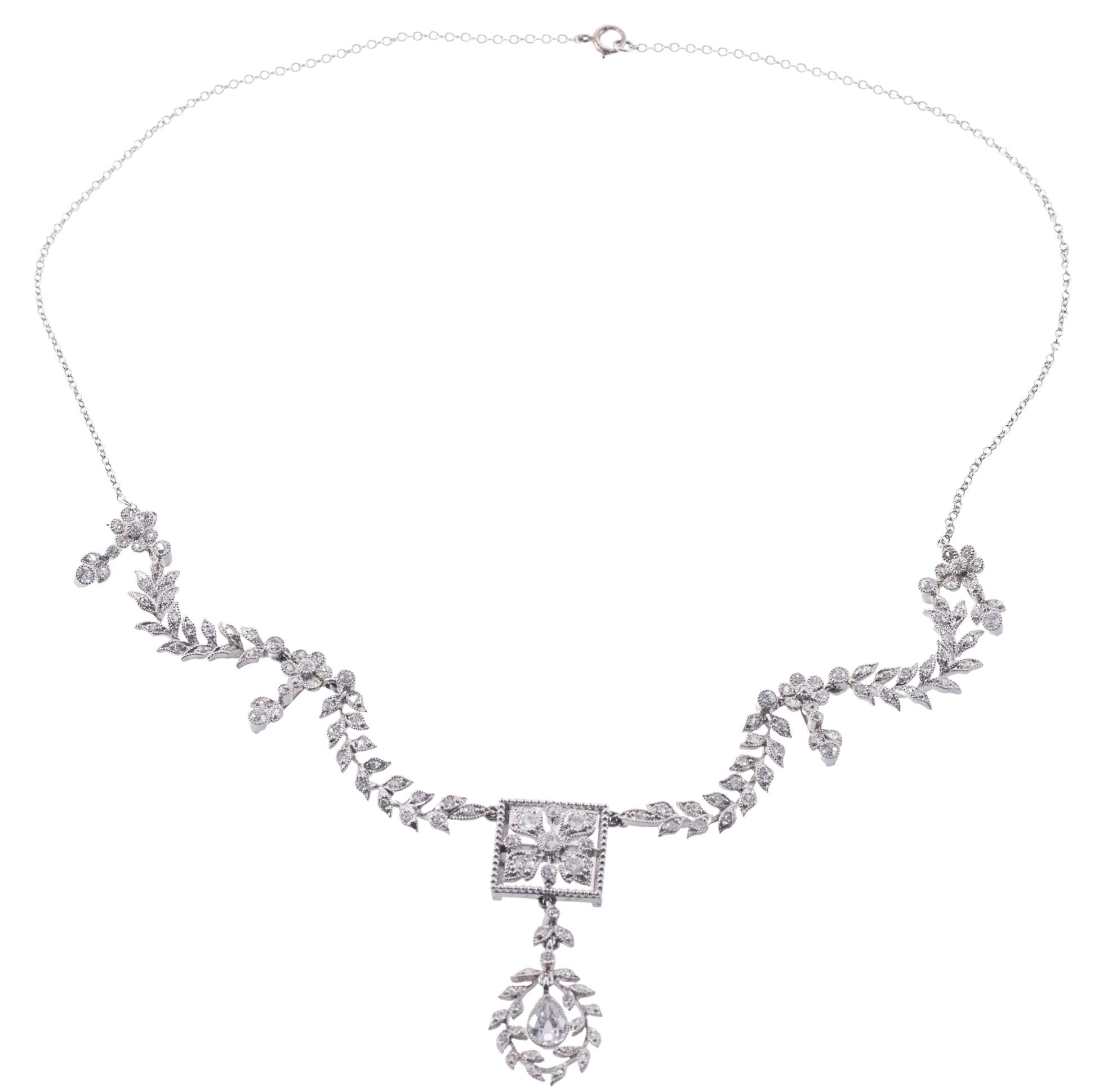 Antique Edwardian Delicate Diamond Platinum Gold Necklace In Excellent Condition For Sale In New York, NY