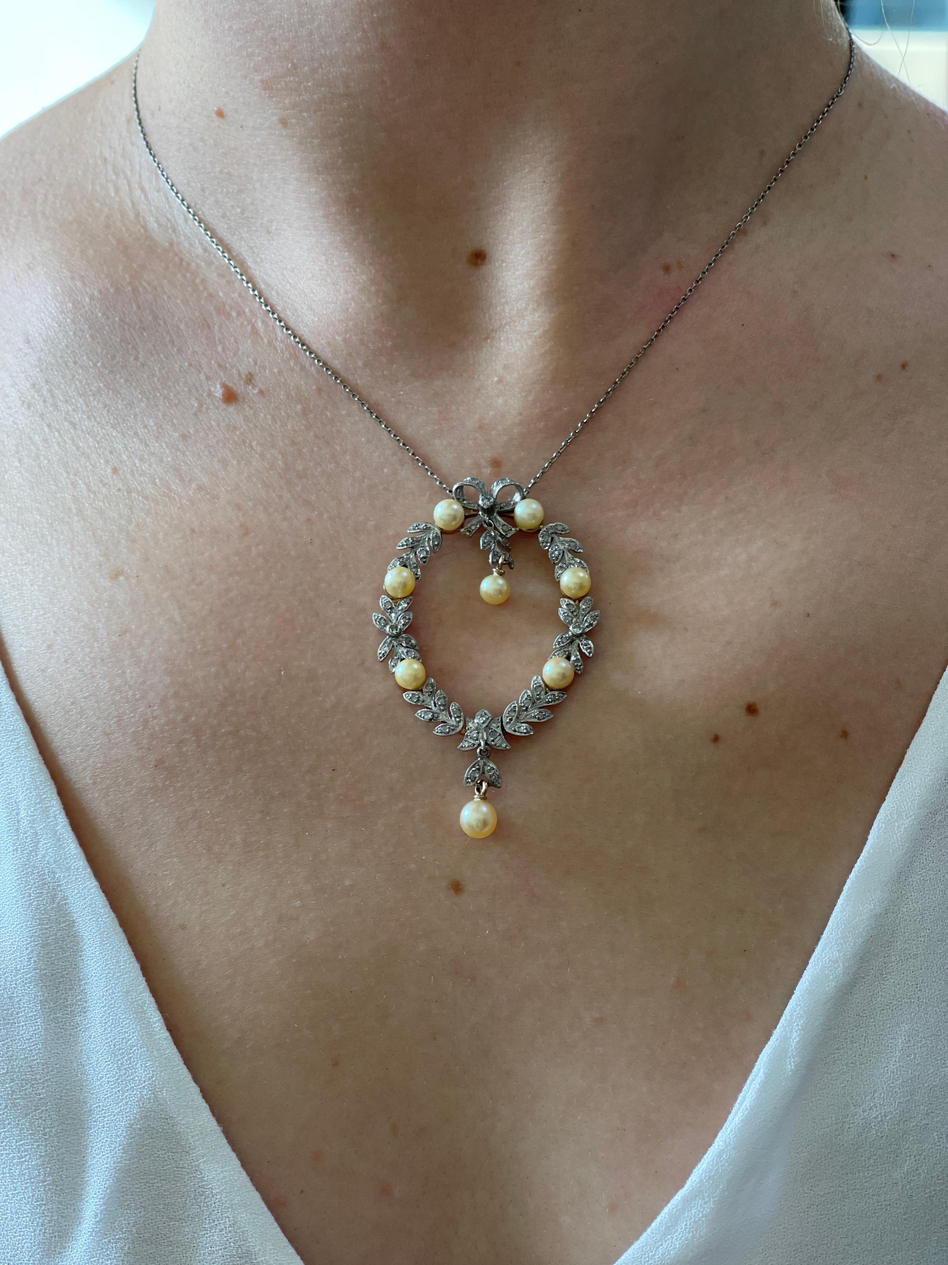 Women's Antique Edwardian Delicate Pearl Diamond Gold Platinum Pendant Necklace For Sale