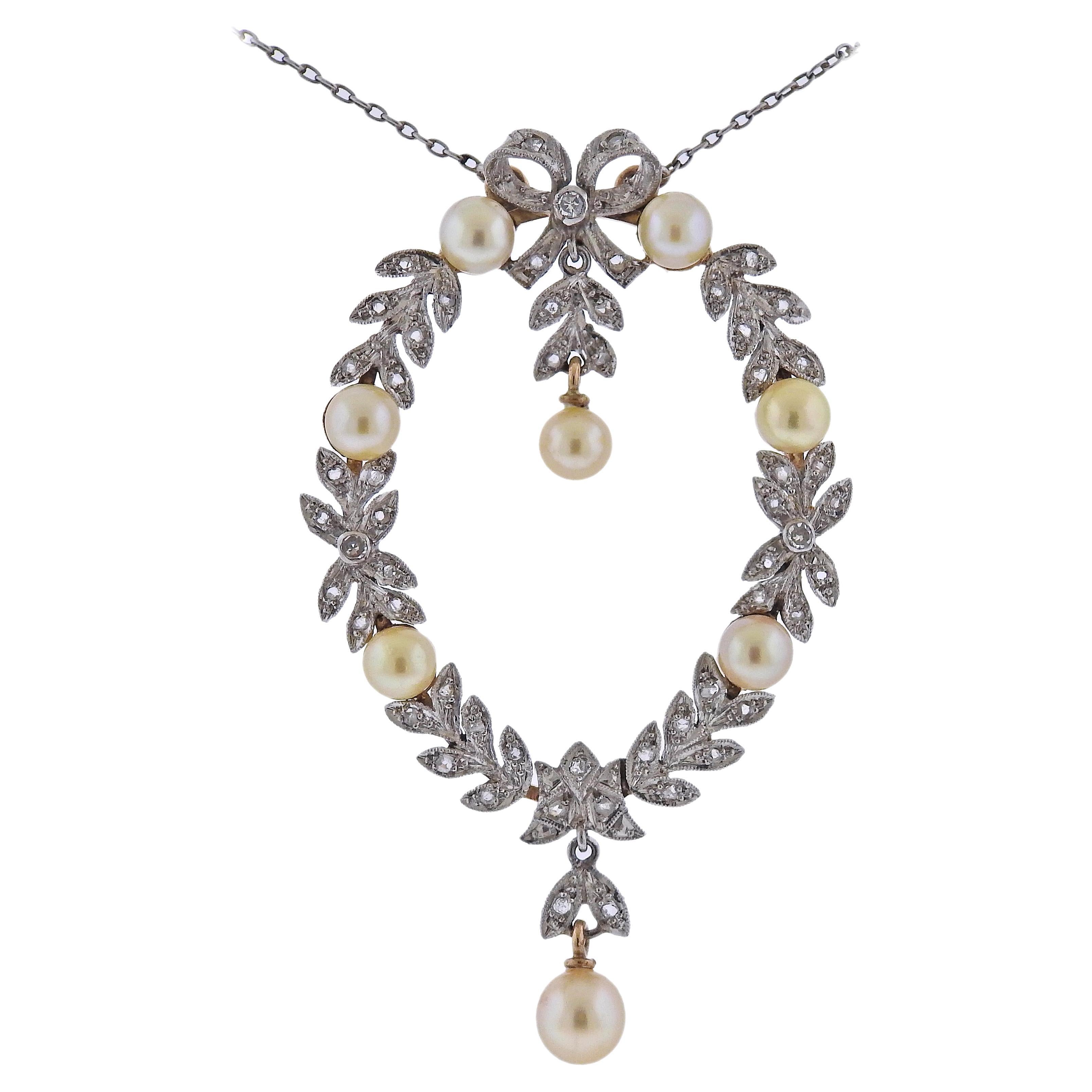 Antique Edwardian Delicate Pearl Diamond Gold Platinum Pendant Necklace For Sale