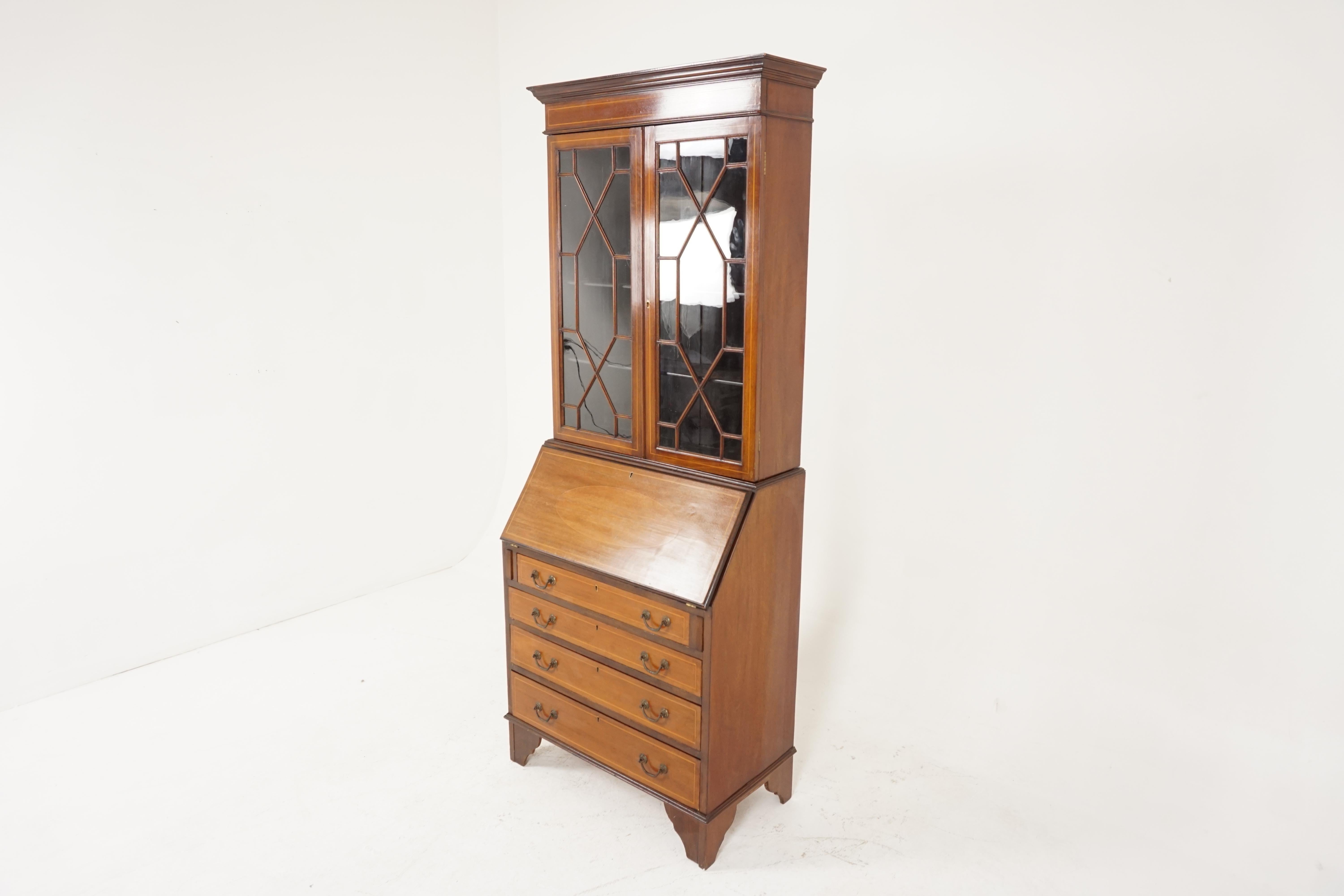 Antique Edwardian Desk, Walnut, Inlaid, Bookcase Top, Scotland 1910, B2384

Scotland, 1910
Solid walnut + veneers
Original finish
Cornice on top with line inlaid decoration
Pair of glass doors when opened
Reveals two adjustable shelves
Below the top