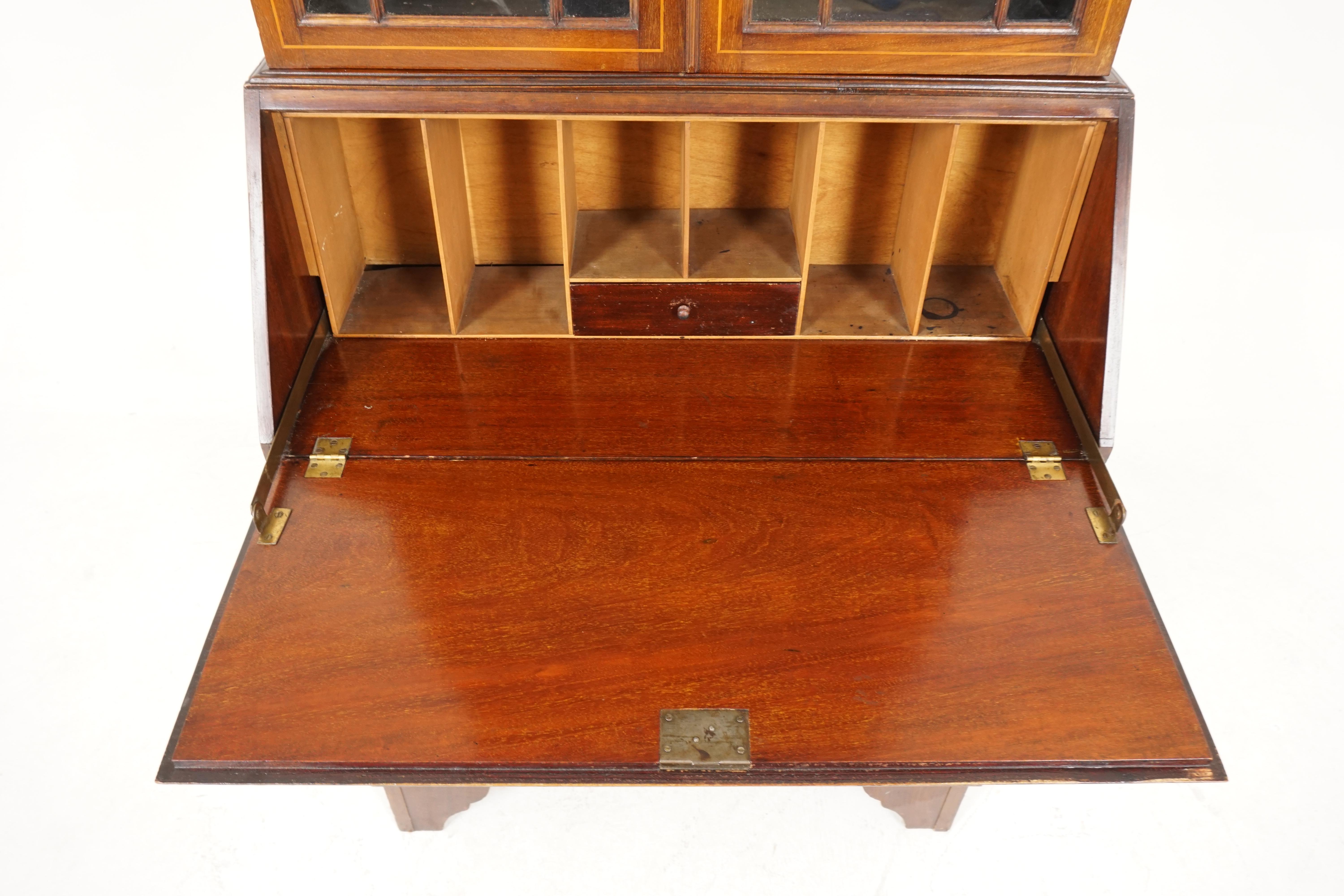 Hand-Crafted Antique Edwardian Desk, Walnut, Inlaid, Bookcase Top, Scotland 1910, B2384