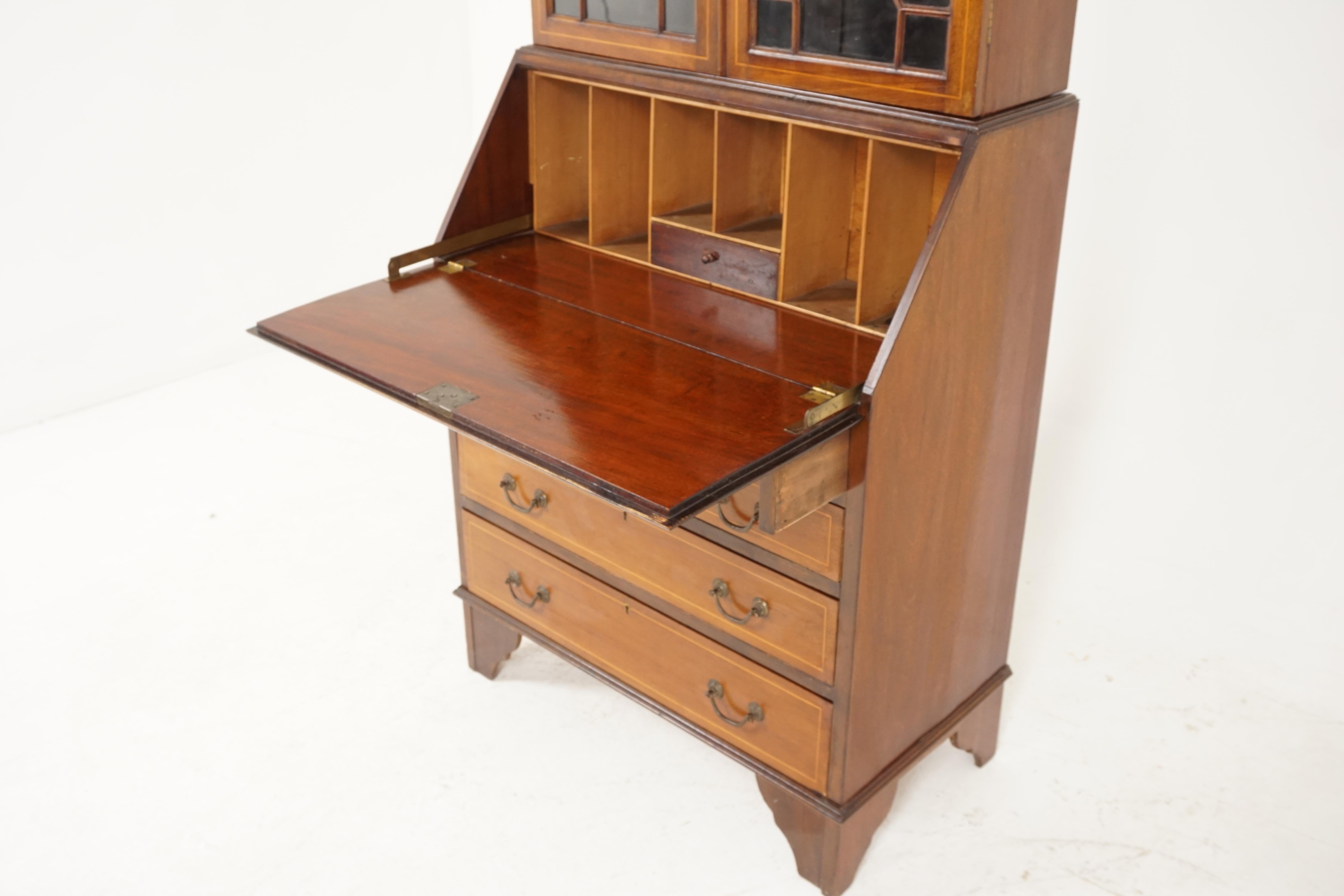 Antique Edwardian Desk, Walnut, Inlaid, Bookcase Top, Scotland 1910, B2384 In Good Condition In Vancouver, BC
