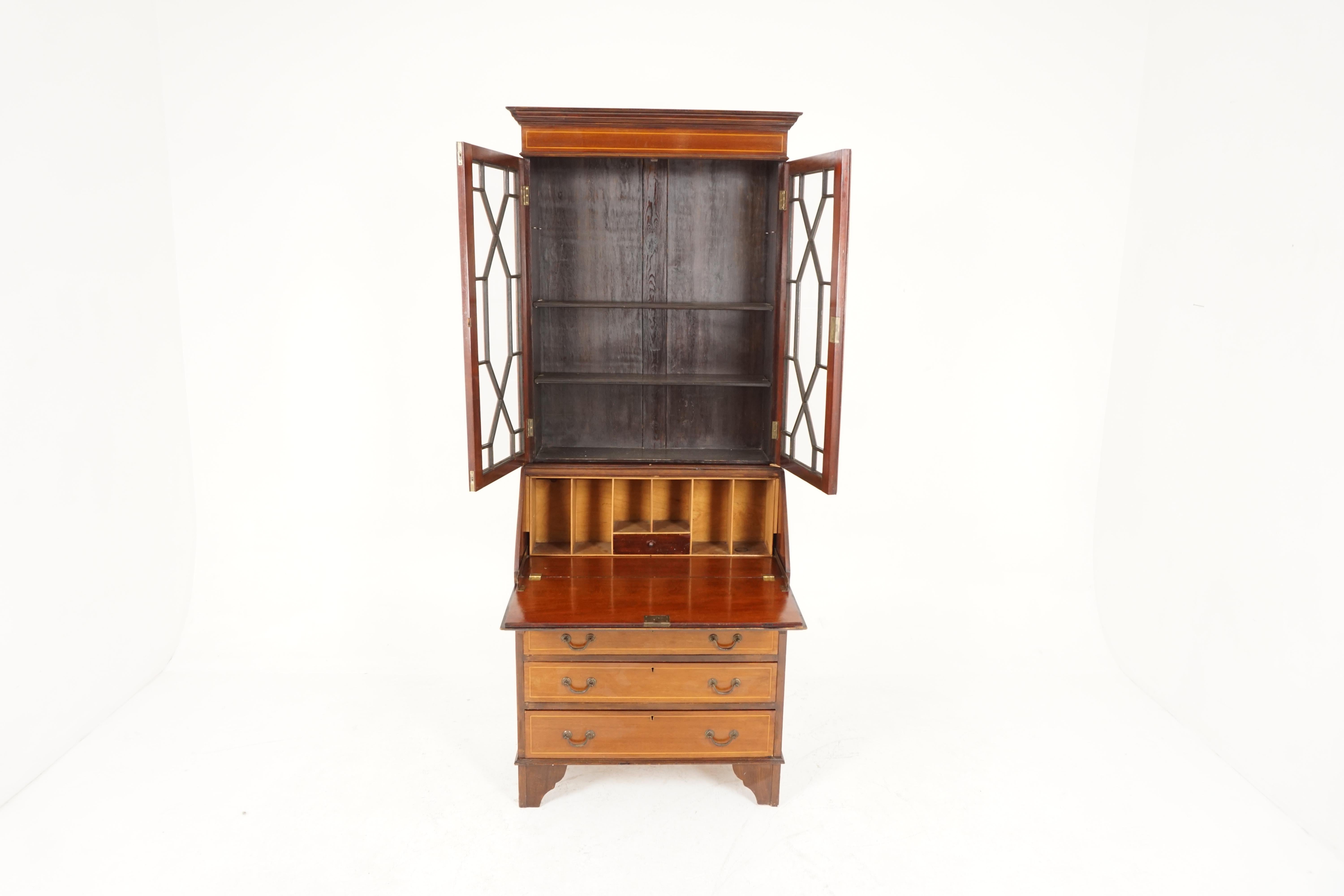 Early 20th Century Antique Edwardian Desk, Walnut, Inlaid, Bookcase Top, Scotland 1910, B2384