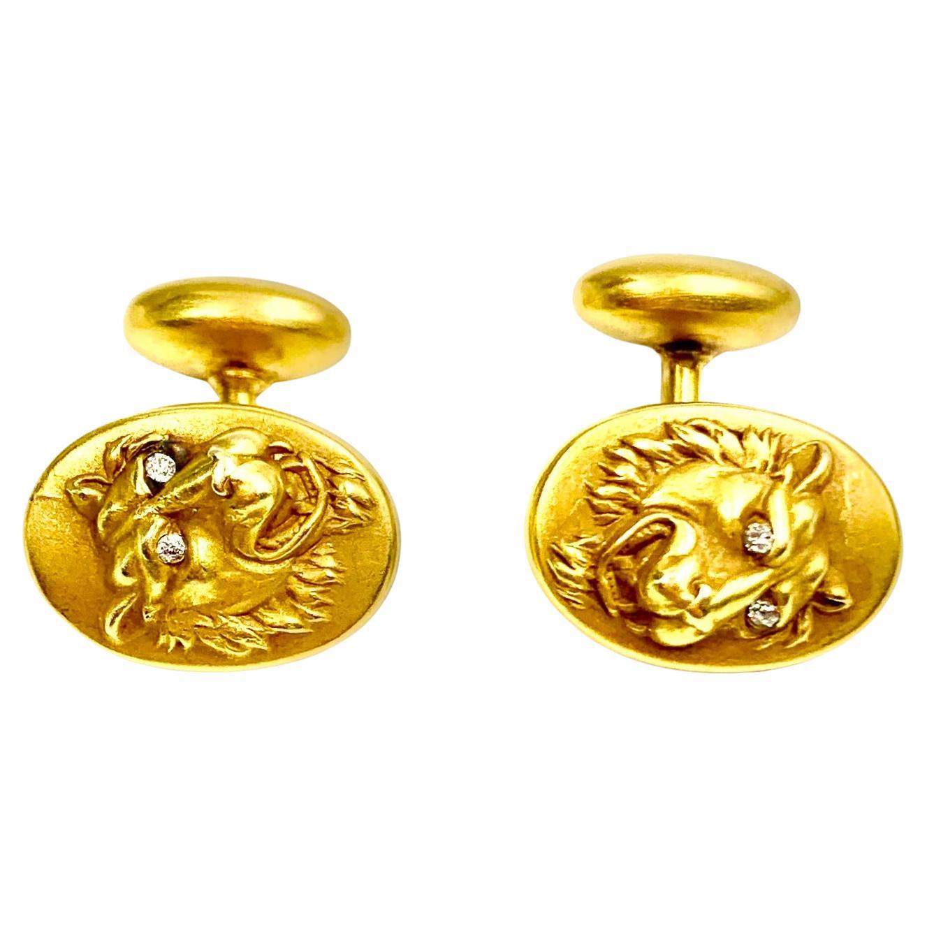 Antike Edwardian Diamant 14K Gelbgold Löwe Manschettenknöpfe