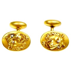 Antique Edwardian Diamond 14K Yellow Gold Lion Cufflinks
