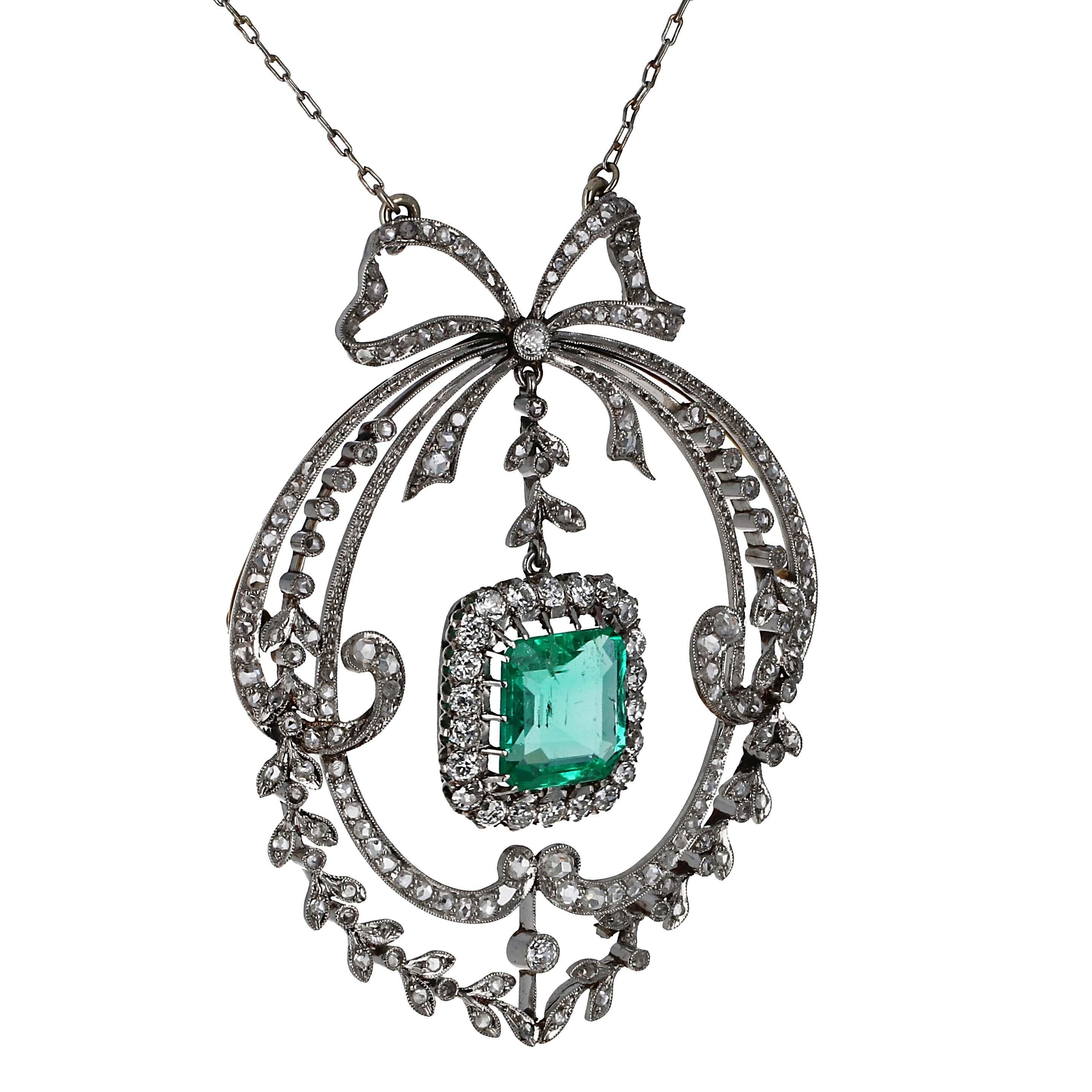 Antique Belle Époque Diamond and Emerald Pendant Necklace. For Sale 1