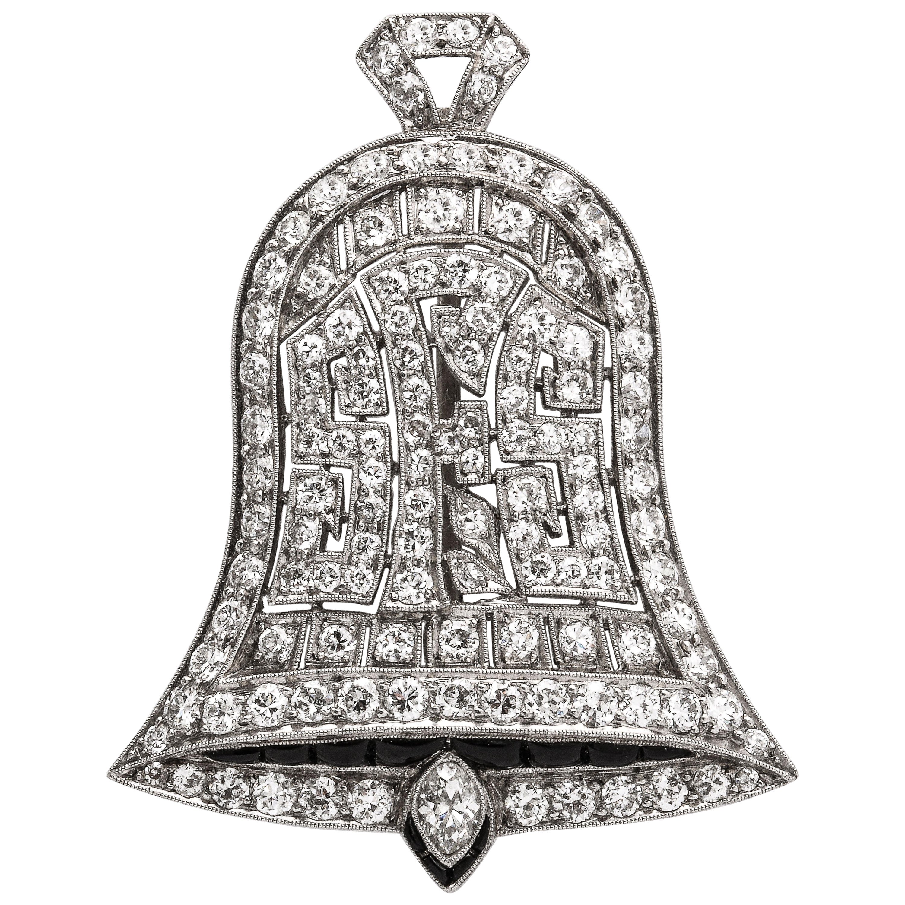 Antike edwardianische Glockenbrosche aus Diamanten und Onyx mit Anhänger, ca. 1914 im Angebot