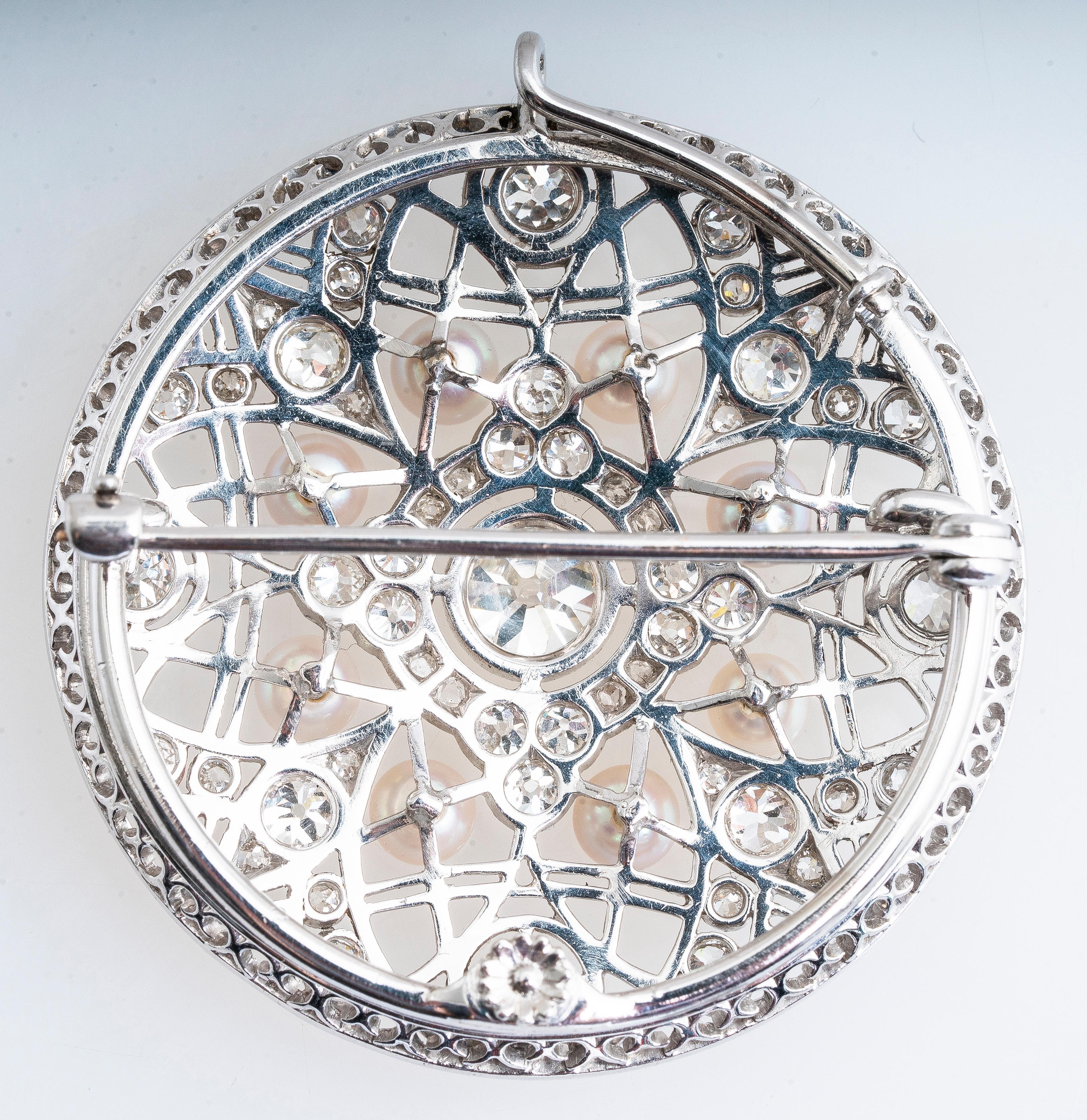 Old European Cut Antique Edwardian Diamond and Pearl Circle Platinum Brooch/Pendant