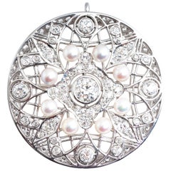 Antique Edwardian Diamond and Pearl Circle Platinum Brooch/Pendant