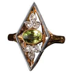 Antique Edwardian Diamond and Peridot Ring, Geometric Milgrain Diamond Ring