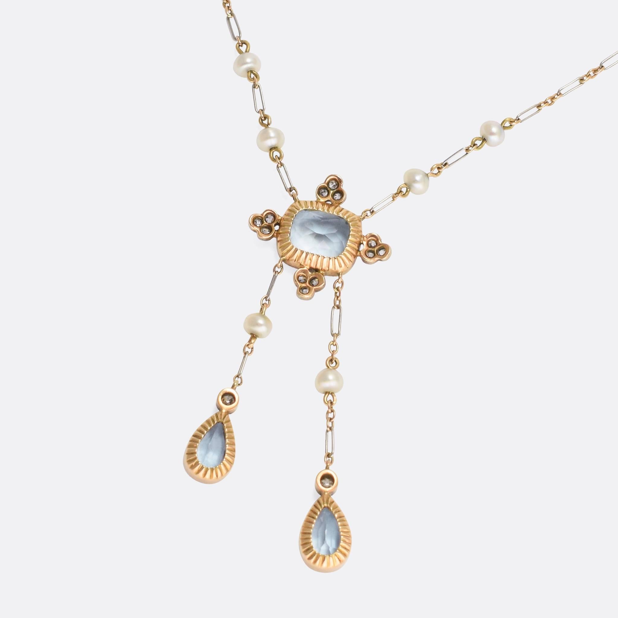 Women's Antique Edwardian Diamond Aquamarine Negligee Pendant Necklace